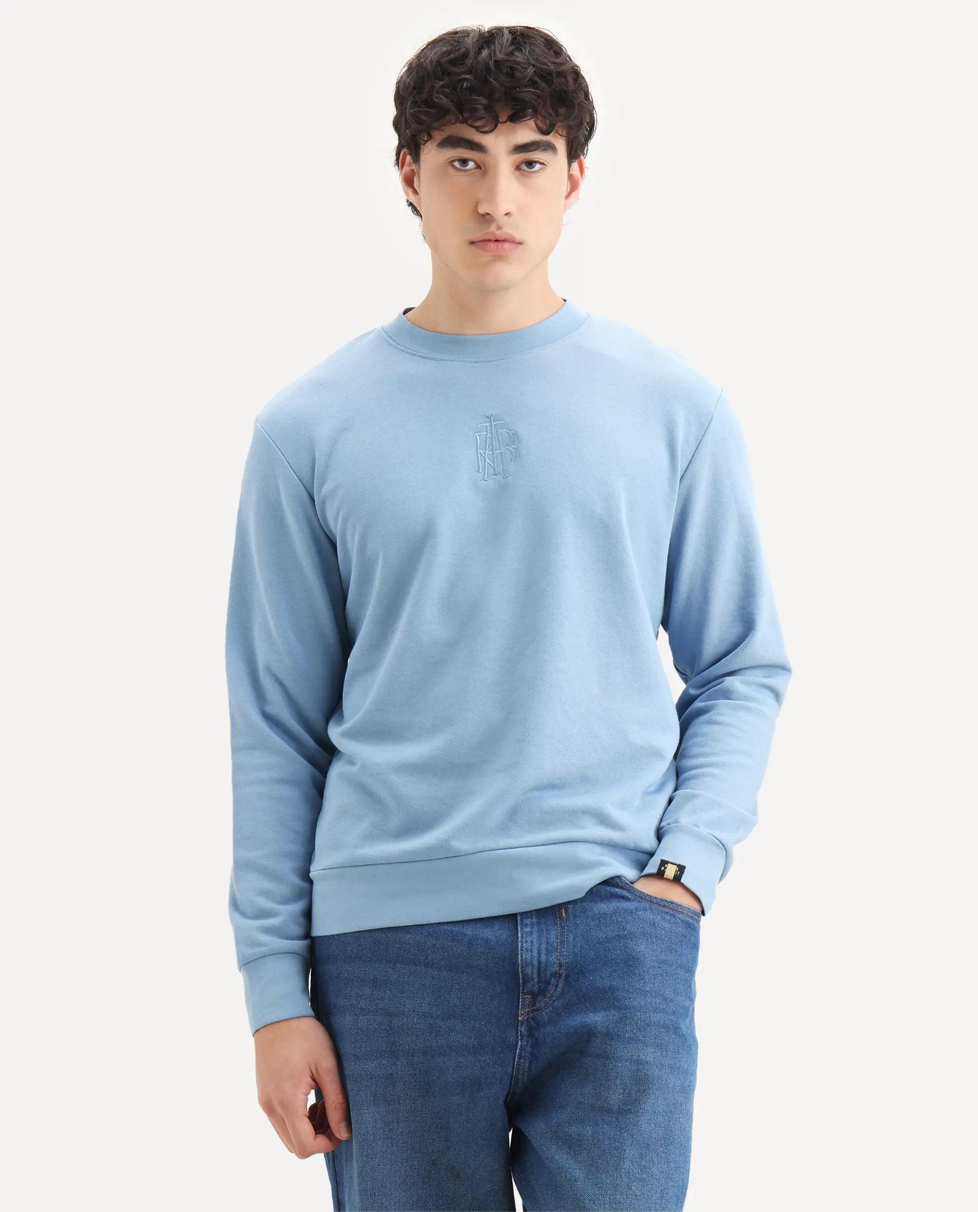 Rare Rabbit Men's Wares Blue Lurex Embroidered Regular Fit Full Sleeve Crew Neck Sweatshirt