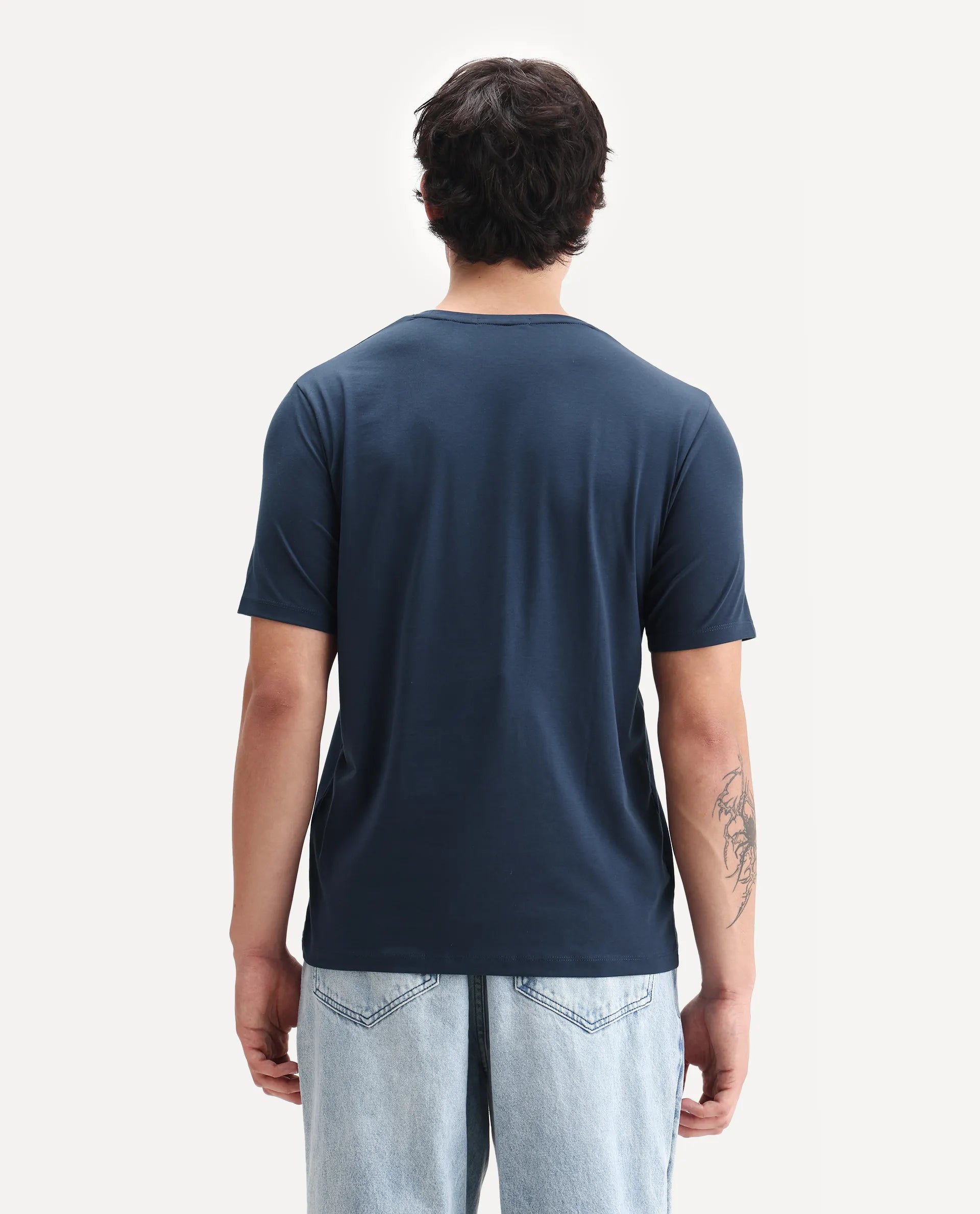 Rare Rabbit Men's Waro Dark Blue Cotton Blend Graphic Print Regular Fit Half Sleeve Crew Neck T-Shirt