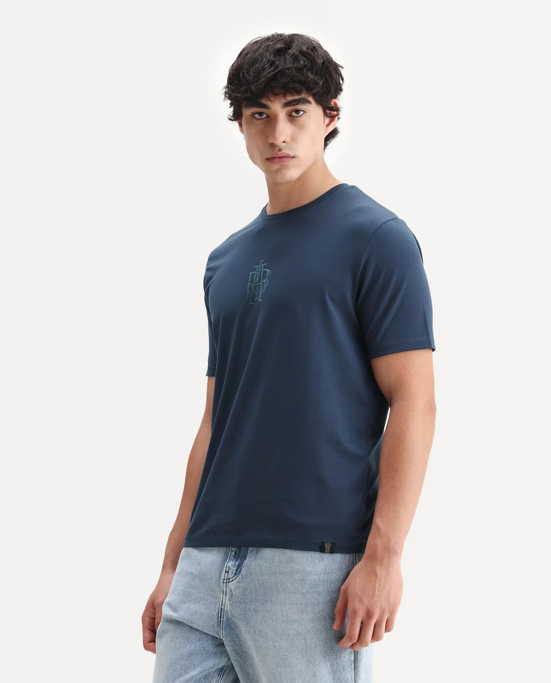 Rare Rabbit Men's Waro Dark Blue Cotton Blend Graphic Print Regular Fit Half Sleeve Crew Neck T-Shirt