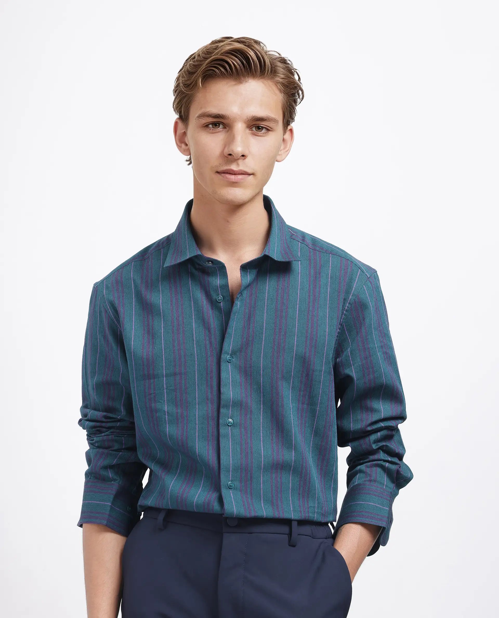 Rare Rabbit Men's Warsaw Dark Green Cotton Fabric Full Sleeve Collared Neck Checks Shirt