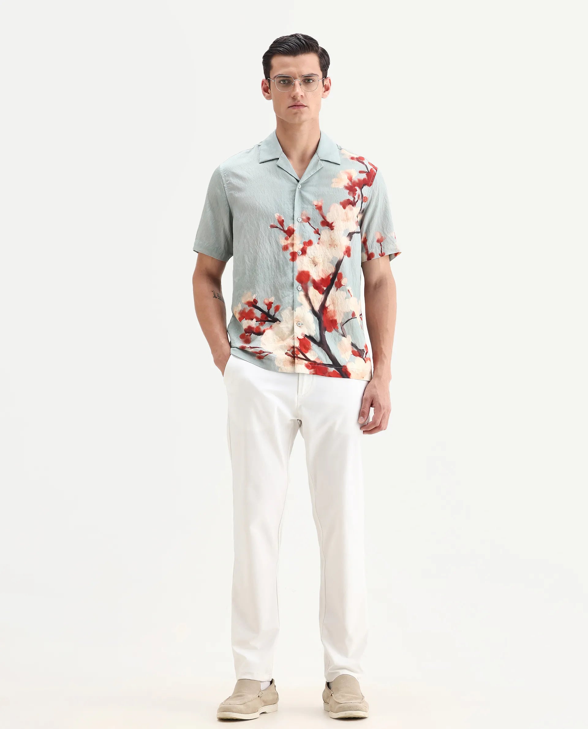 Rare Rabbit Men's Water Blue Viscose Blend Fabric Cuban Collar Relaxed Fit Floral Print Shirt