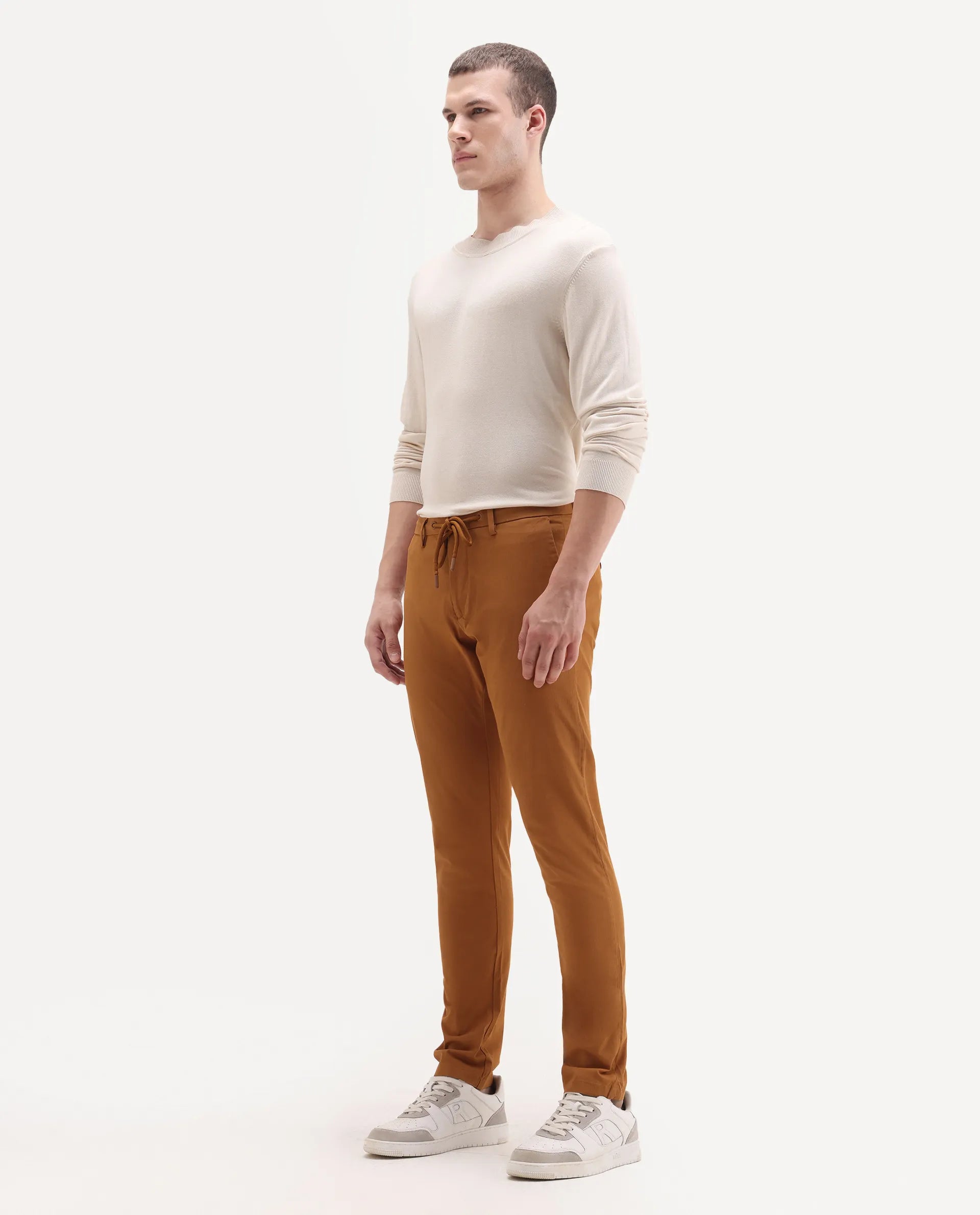 Rare Rabbit Men's Water Orange Cotton Plain Slim Fit Trouser