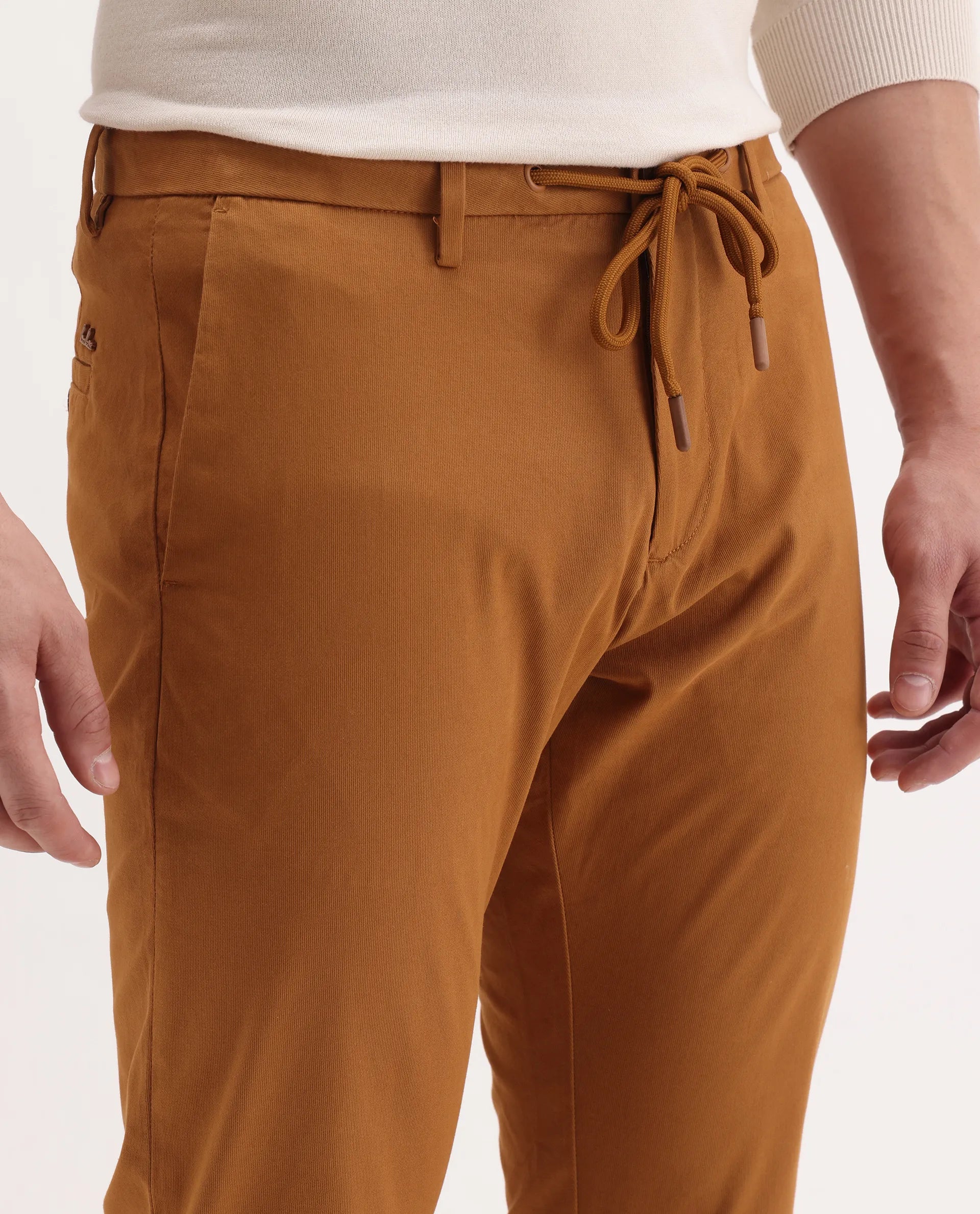 Rare Rabbit Men's Water Orange Cotton Plain Slim Fit Trouser