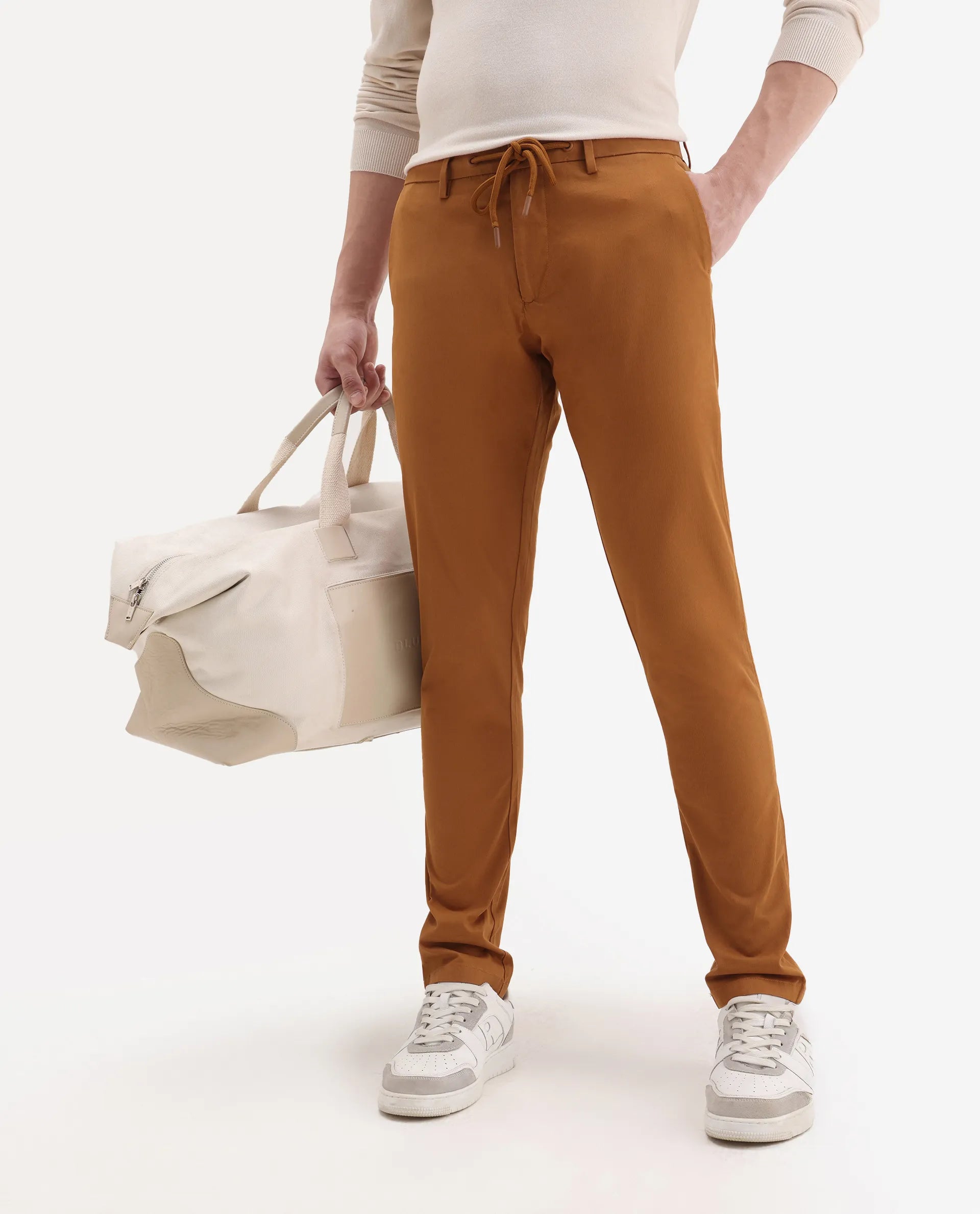 Rare Rabbit Men's Water Orange Cotton Plain Slim Fit Trouser