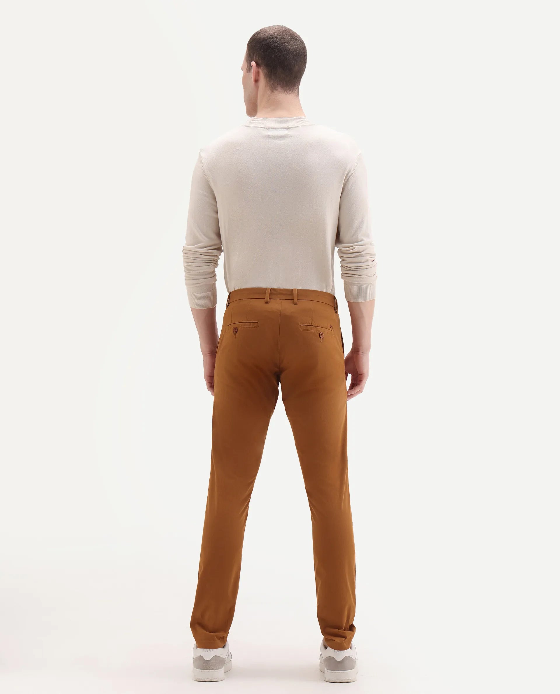 Rare Rabbit Men's Water Orange Cotton Plain Slim Fit Trouser