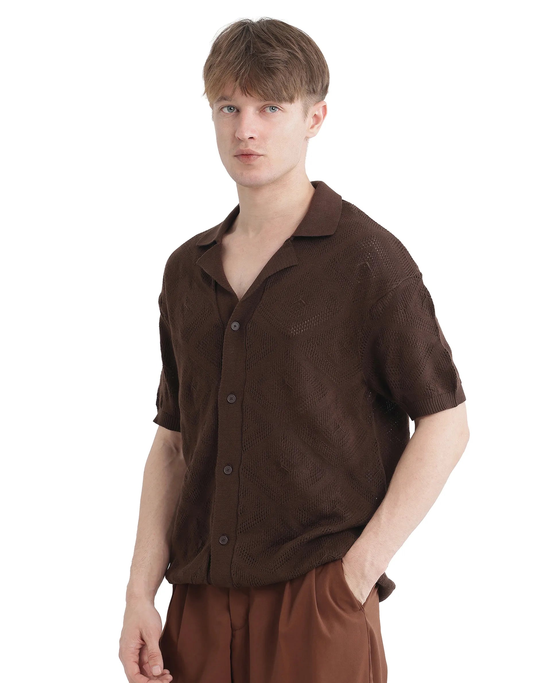 Rare Rabbit Men Wats Brown Cotton Fabric Short Sleeve Cuban Collared Button Closure Knitted Plain Shirt