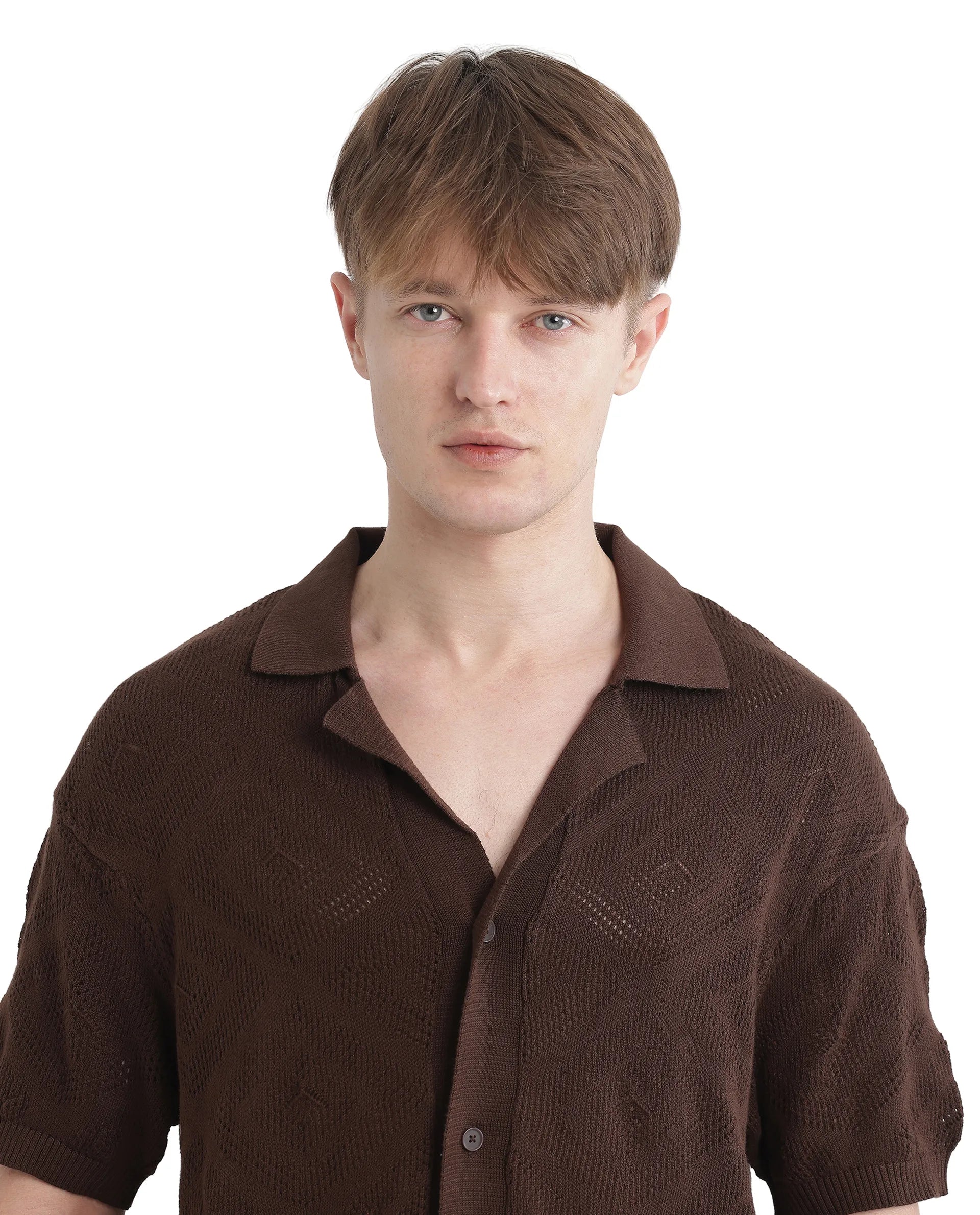 Rare Rabbit Men Wats Brown Cotton Fabric Short Sleeve Cuban Collared Button Closure Knitted Plain Shirt