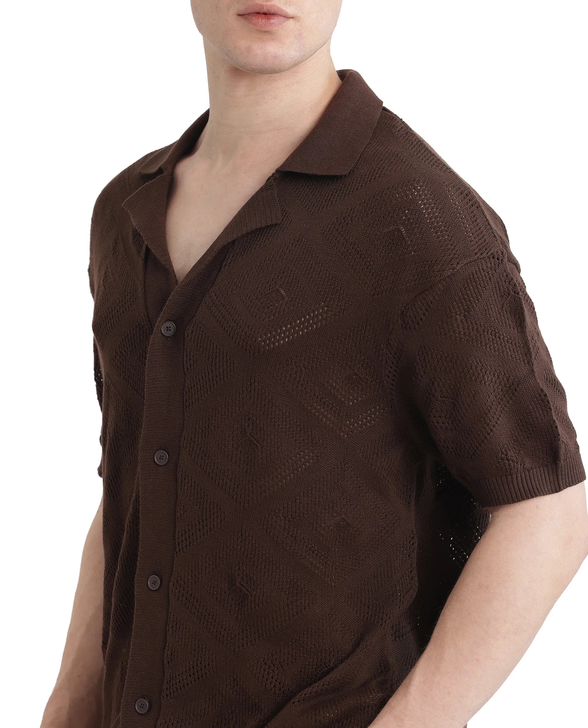 Rare Rabbit Men Wats Brown Cotton Fabric Short Sleeve Cuban Collared Button Closure Knitted Plain Shirt