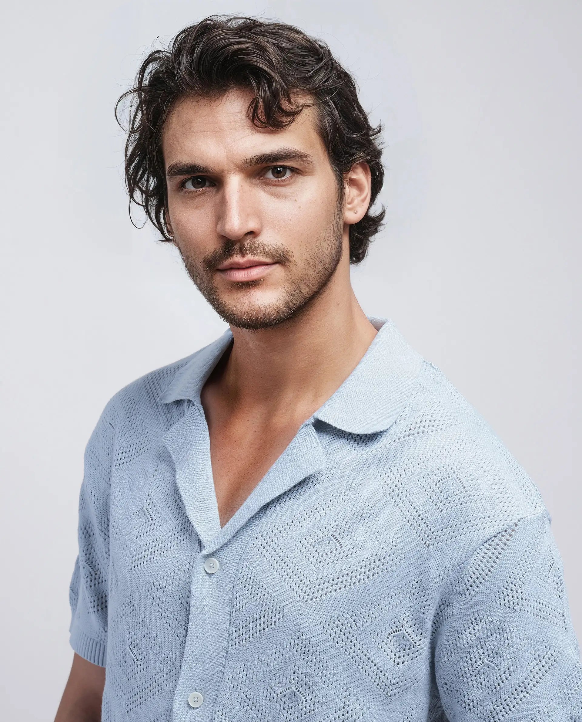 Rare Rabbit Men Wats Dusky Blue Cotton Fabric Short Sleeve Cuban Collared Button Closure Knitted Plain Shirt