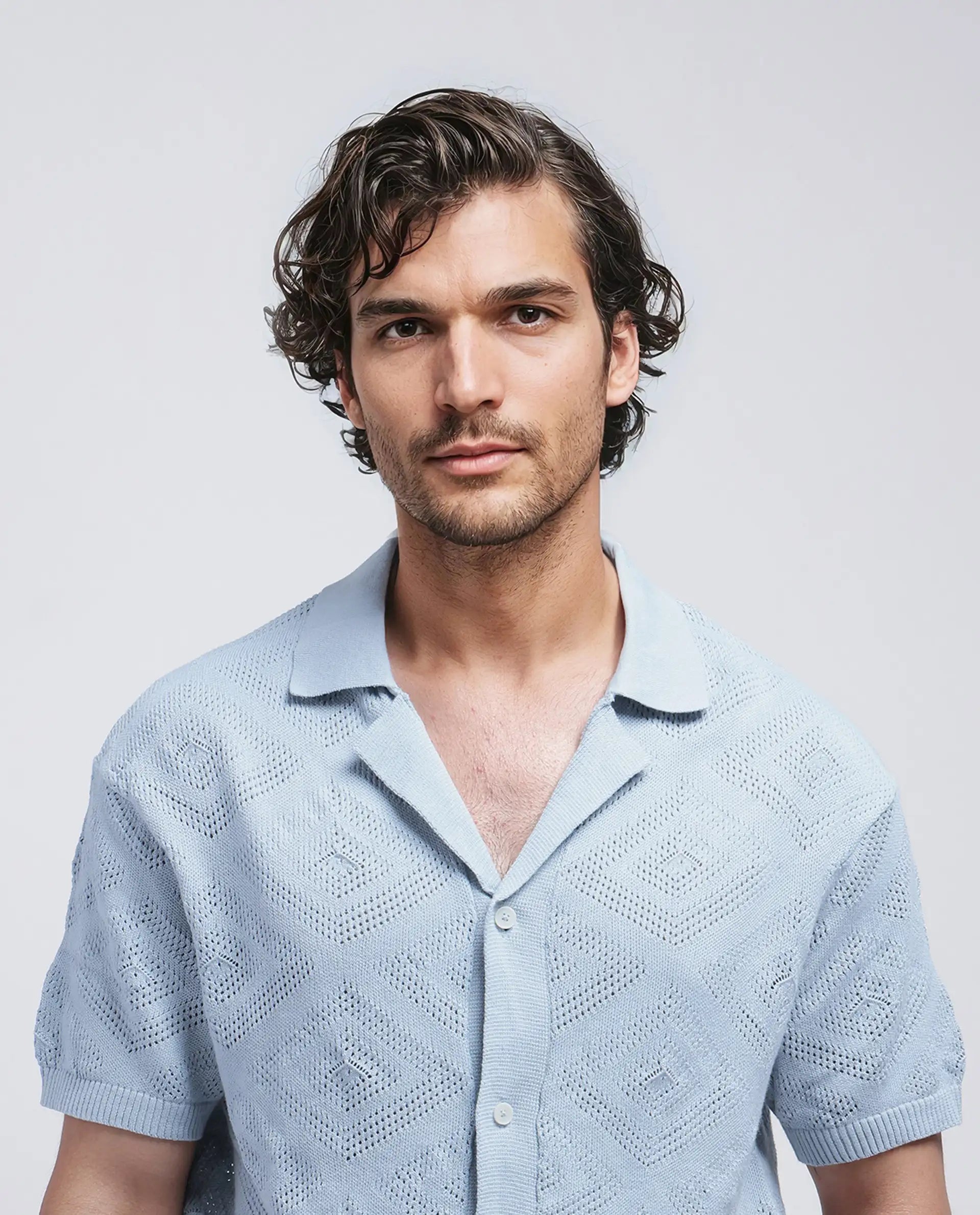 Rare Rabbit Men Wats Dusky Blue Cotton Fabric Short Sleeve Cuban Collared Button Closure Knitted Plain Shirt