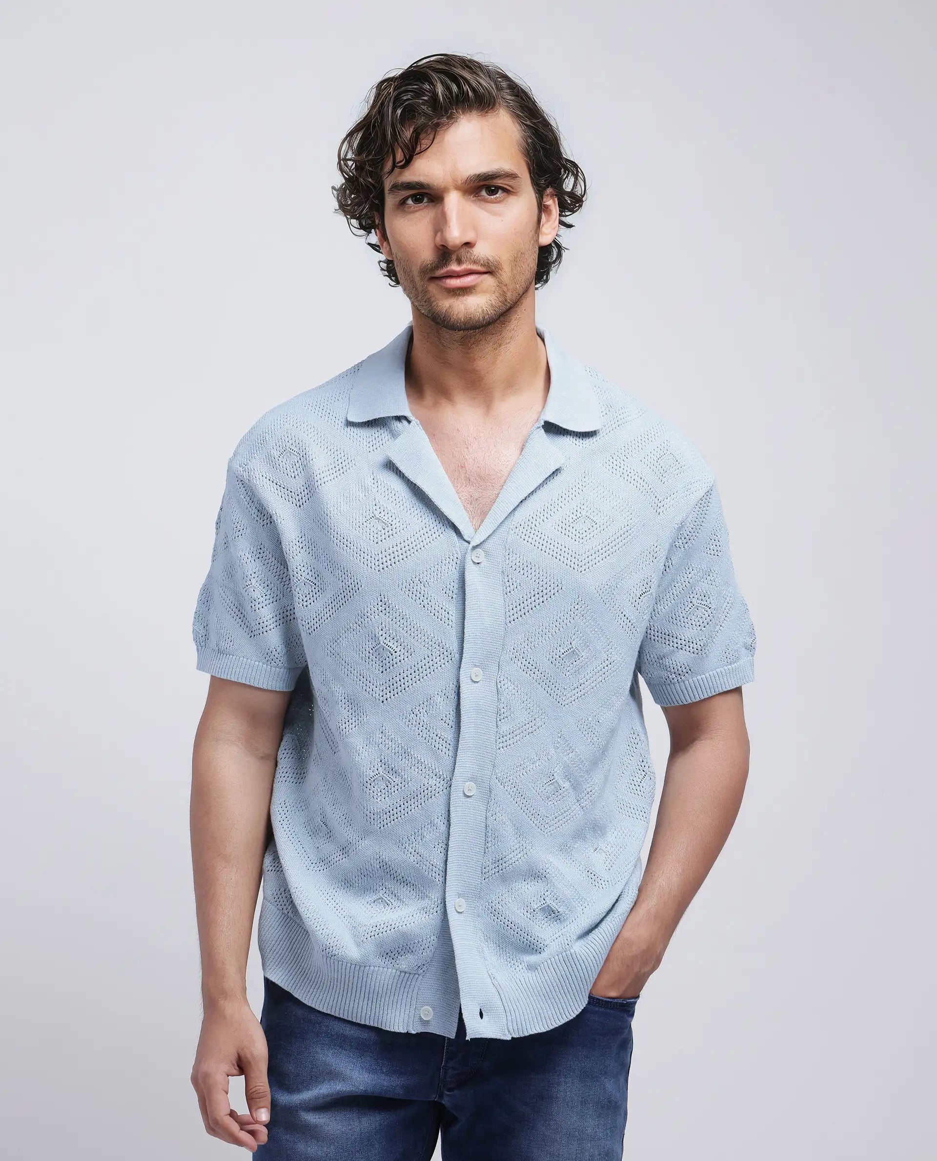 Rare Rabbit Men Wats Dusky Blue Cotton Fabric Short Sleeve Cuban Collared Button Closure Knitted Plain Shirt