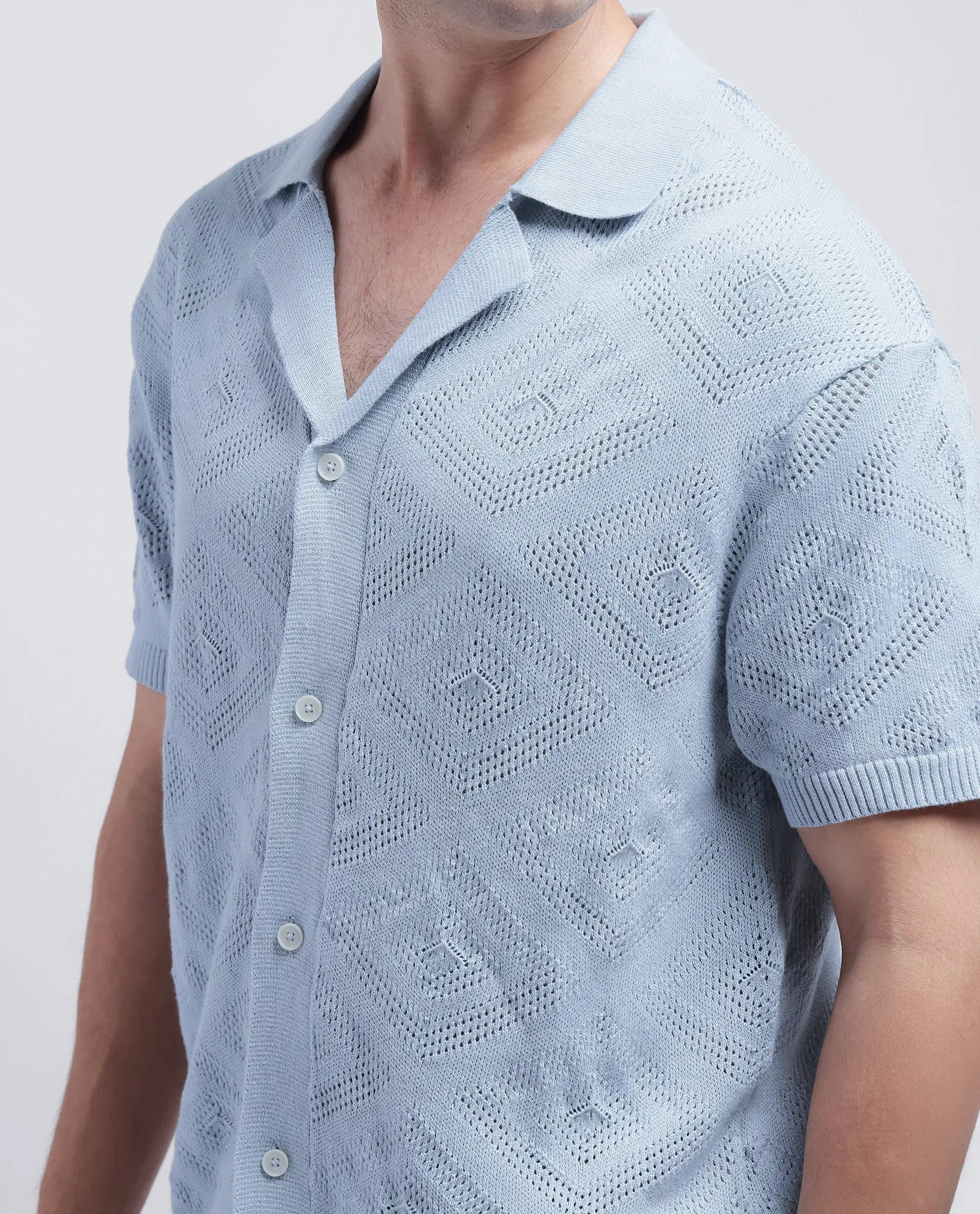 Rare Rabbit Men Wats Dusky Blue Cotton Fabric Short Sleeve Cuban Collared Button Closure Knitted Plain Shirt