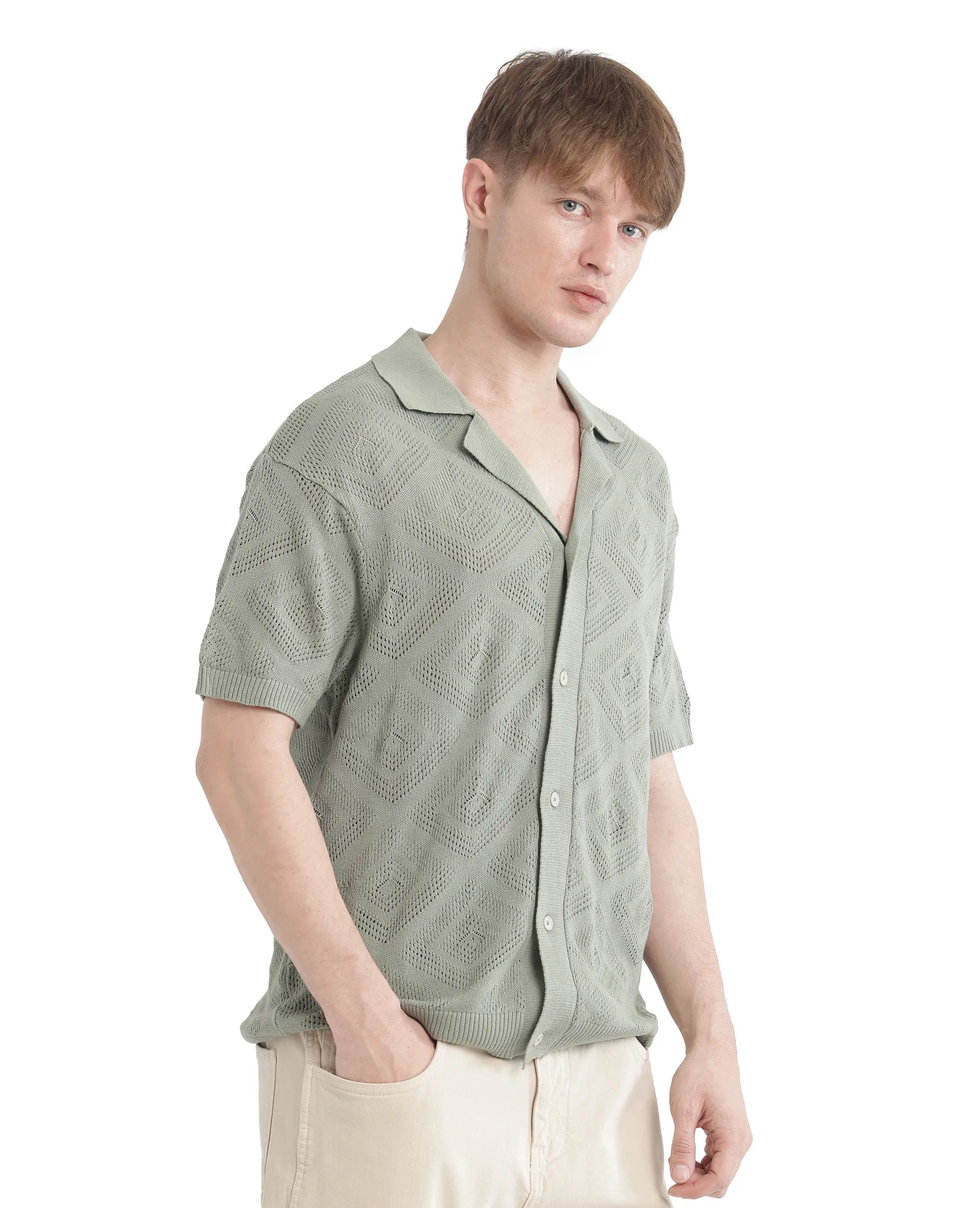 Rare Rabbit Men Wats Dusky Green Cotton Fabric Short Sleeve Cuban Collared Button Closure Knitted Plain Shirt