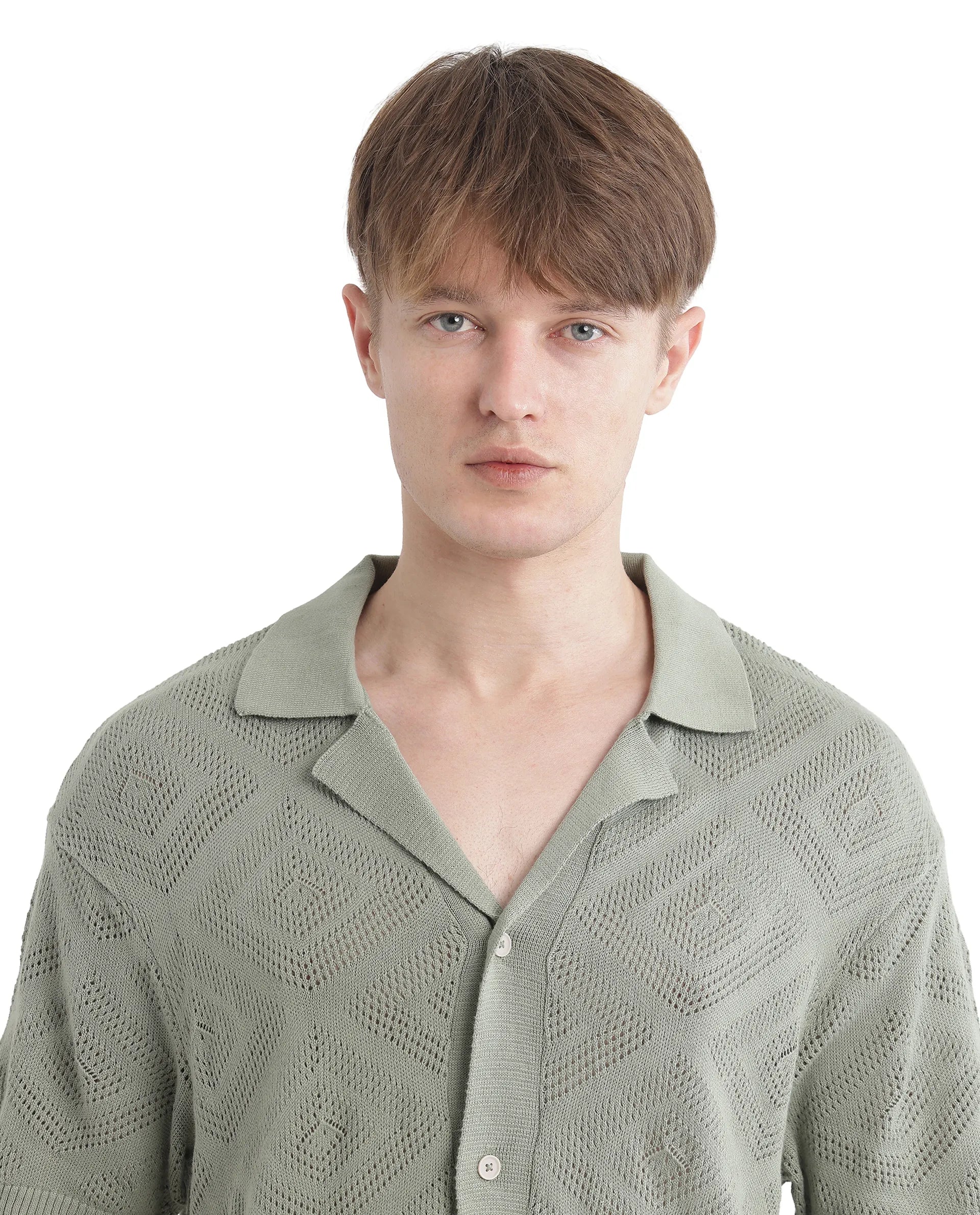 Rare Rabbit Men Wats Dusky Green Cotton Fabric Short Sleeve Cuban Collared Button Closure Knitted Plain Shirt