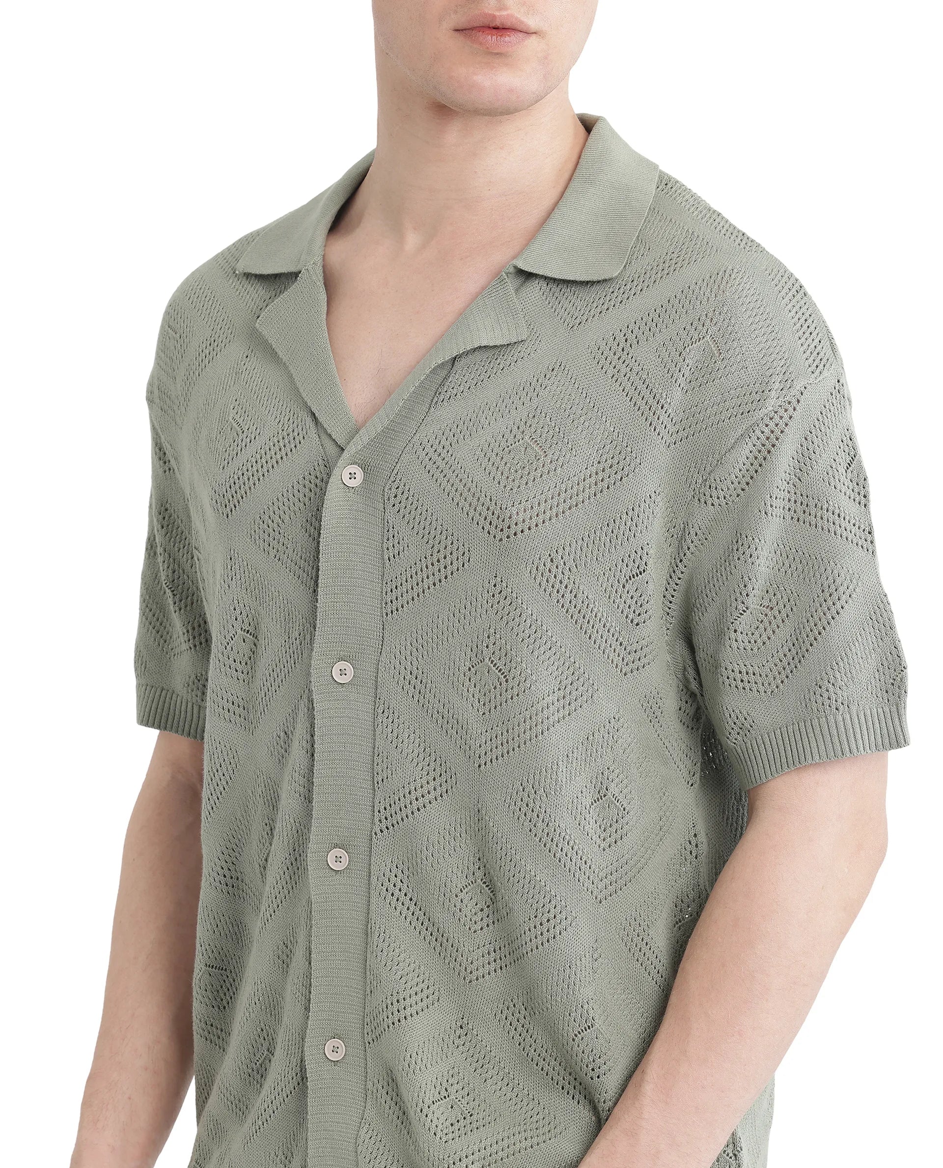 Rare Rabbit Men Wats Dusky Green Cotton Fabric Short Sleeve Cuban Collared Button Closure Knitted Plain Shirt