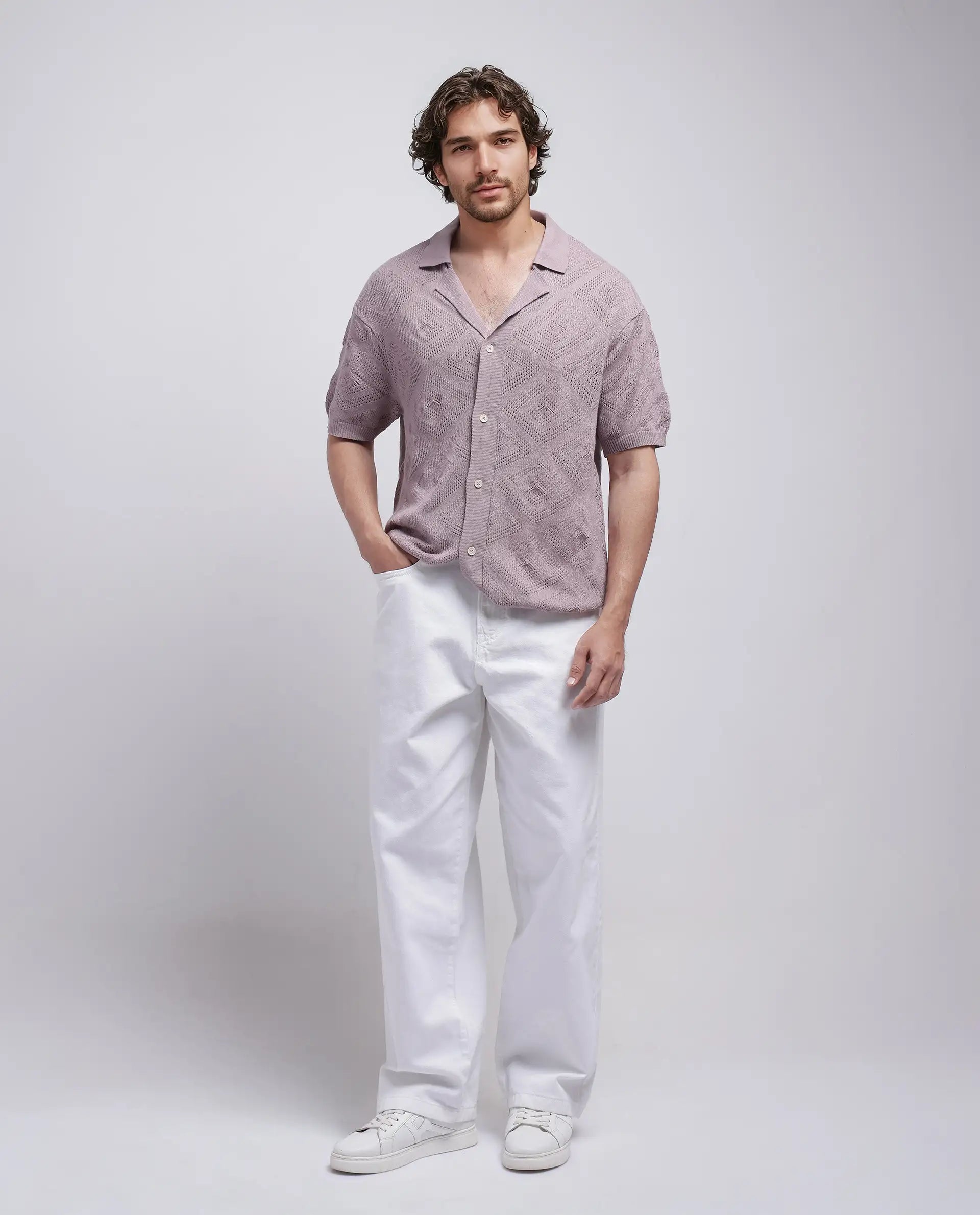 Rare Rabbit Men Wats Dusky Pink Cotton Fabric Short Sleeve Cuban Collared Button Closure Knitted Plain Shirt