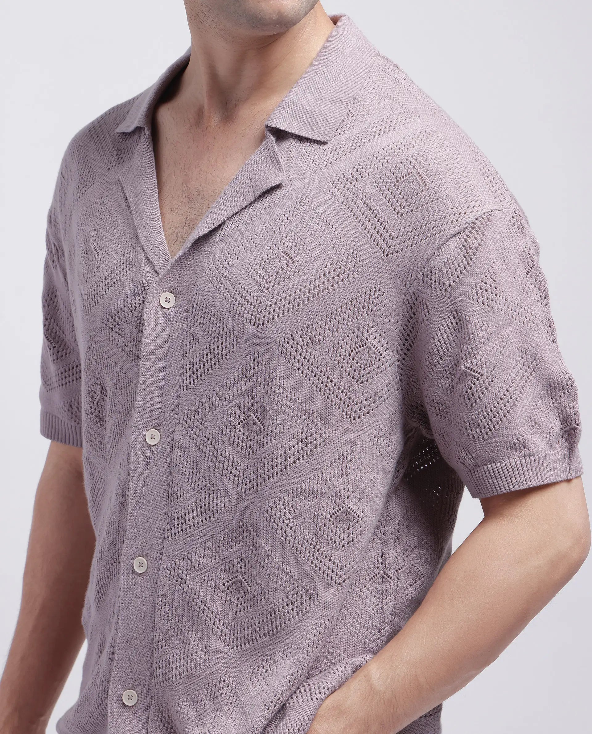 Rare Rabbit Men Wats Dusky Pink Cotton Fabric Short Sleeve Cuban Collared Button Closure Knitted Plain Shirt