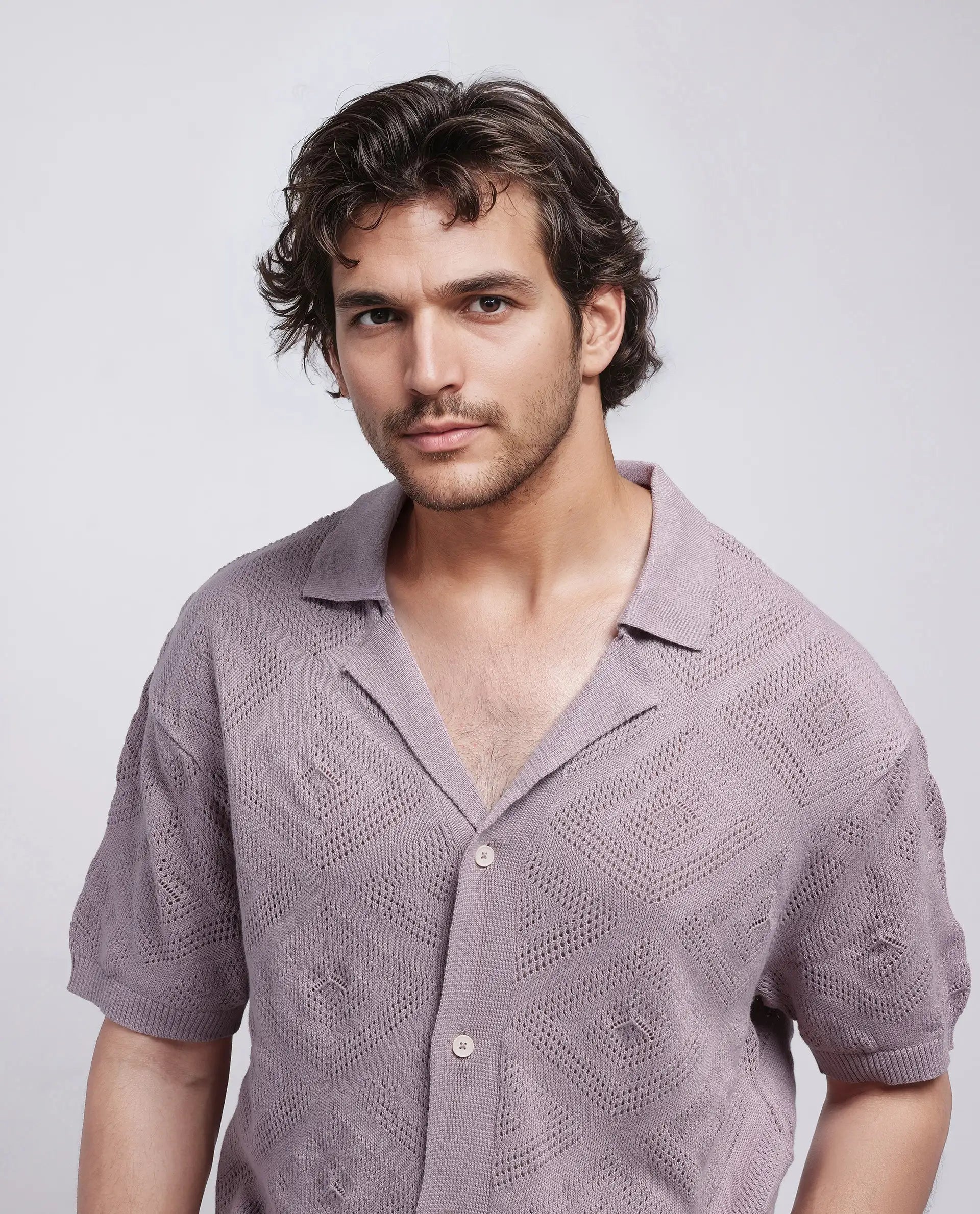 Rare Rabbit Men Wats Dusky Pink Cotton Fabric Short Sleeve Cuban Collared Button Closure Knitted Plain Shirt