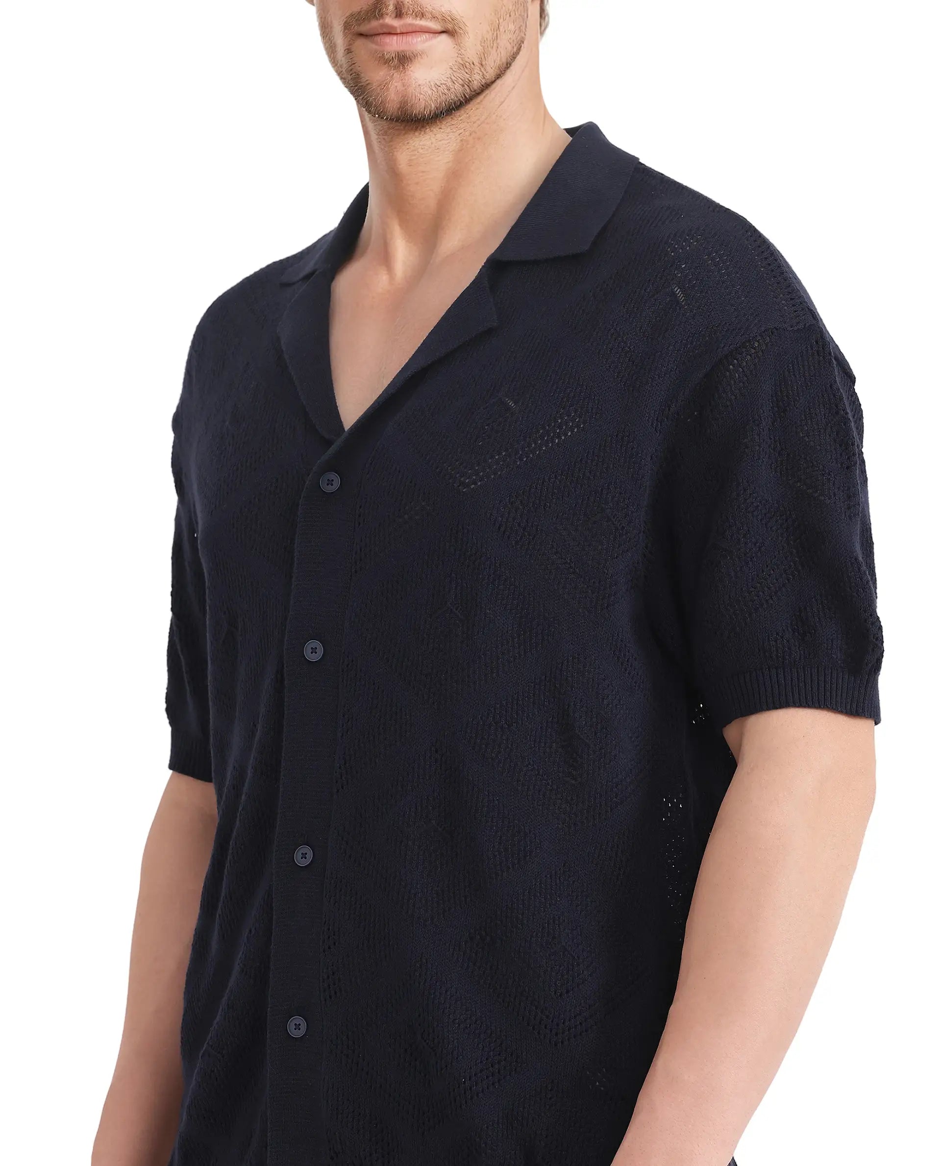 Rare Rabbit Men Wats Navy Cotton Fabric Short Sleeve Cuban Collared Button Closure Knitted Plain Shirt