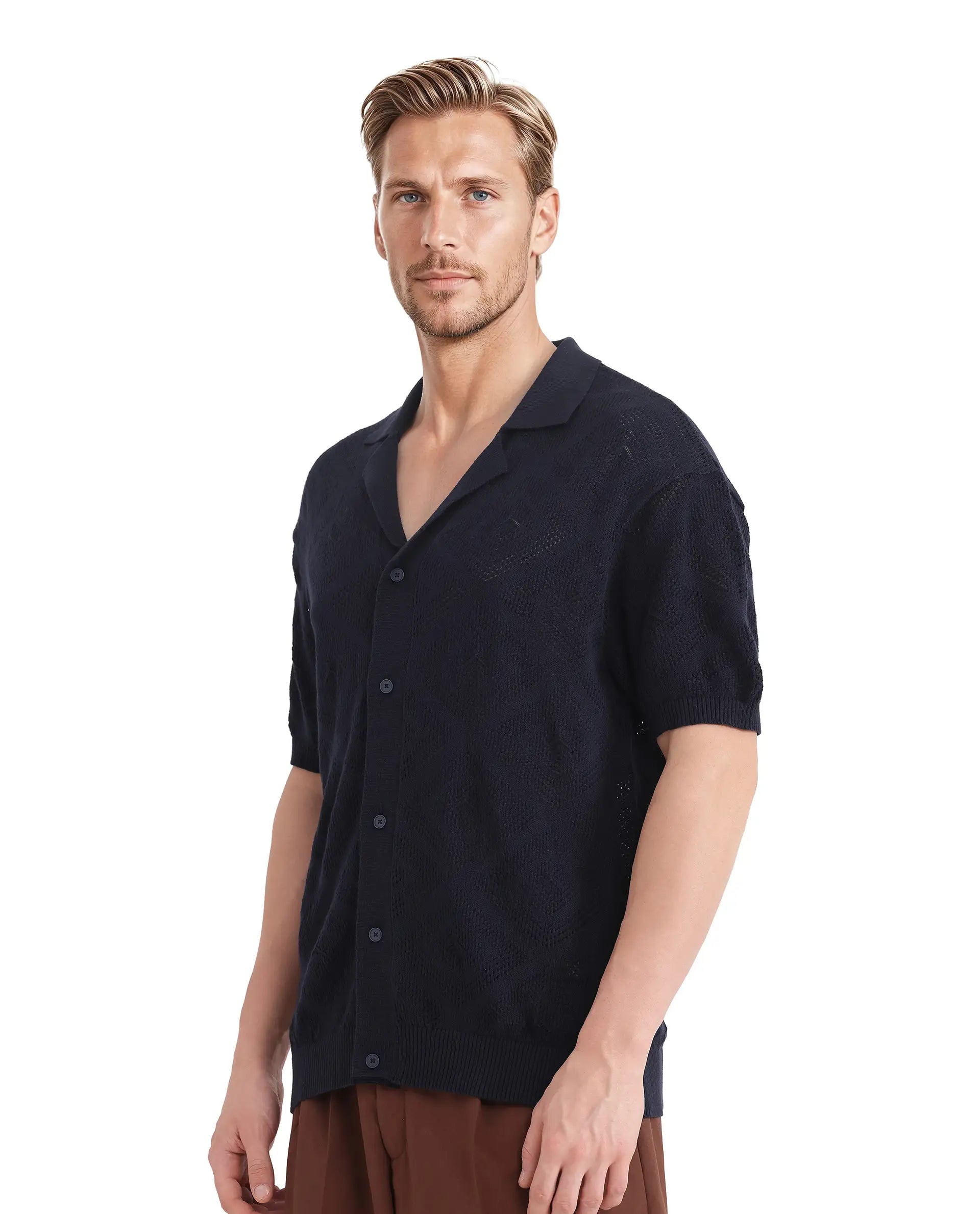 Rare Rabbit Men Wats Navy Cotton Fabric Short Sleeve Cuban Collared Button Closure Knitted Plain Shirt