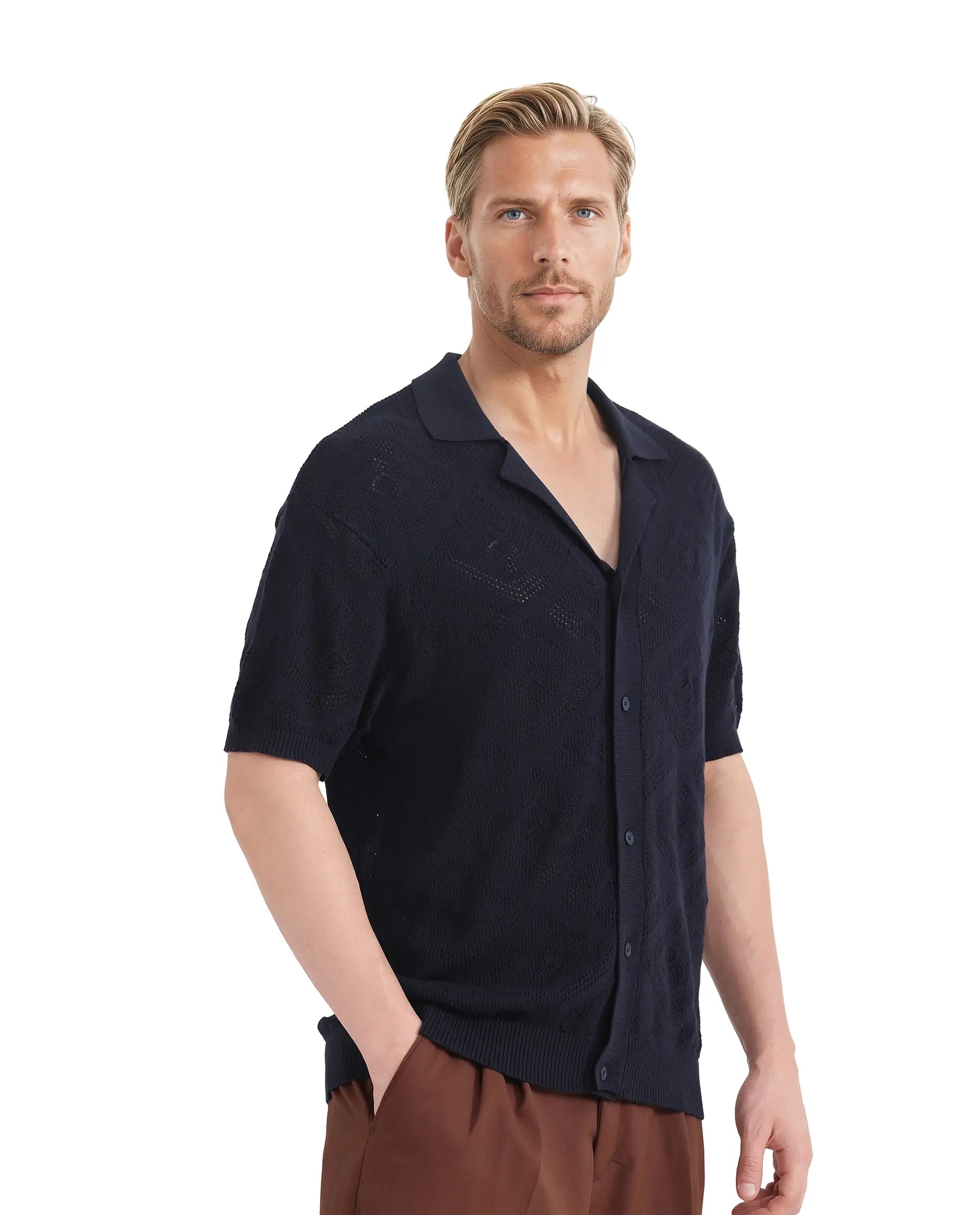 Rare Rabbit Men Wats Navy Cotton Fabric Short Sleeve Cuban Collared Button Closure Knitted Plain Shirt