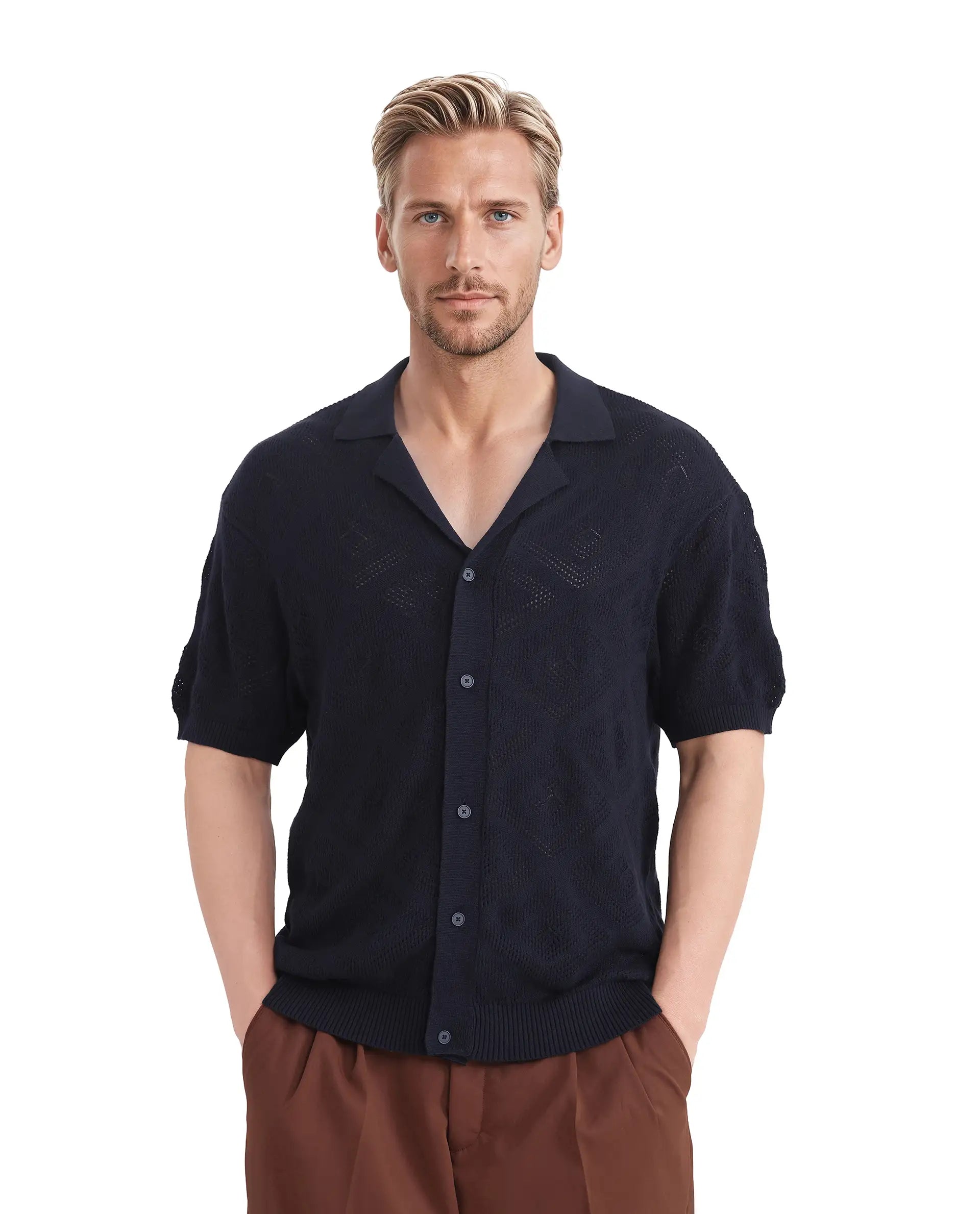 Rare Rabbit Men Wats Navy Cotton Fabric Short Sleeve Cuban Collared Button Closure Knitted Plain Shirt