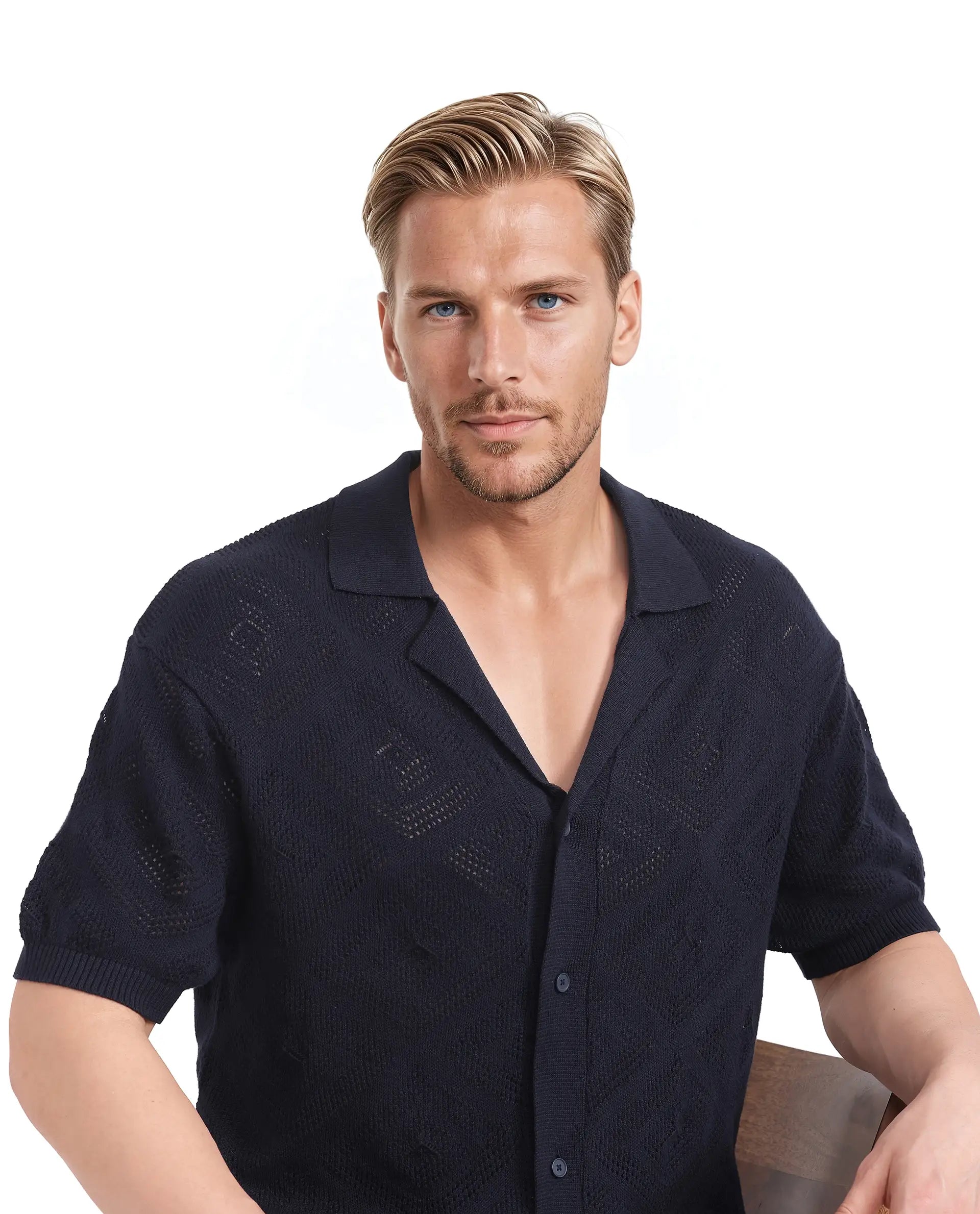 Rare Rabbit Men Wats Navy Cotton Fabric Short Sleeve Cuban Collared Button Closure Knitted Plain Shirt