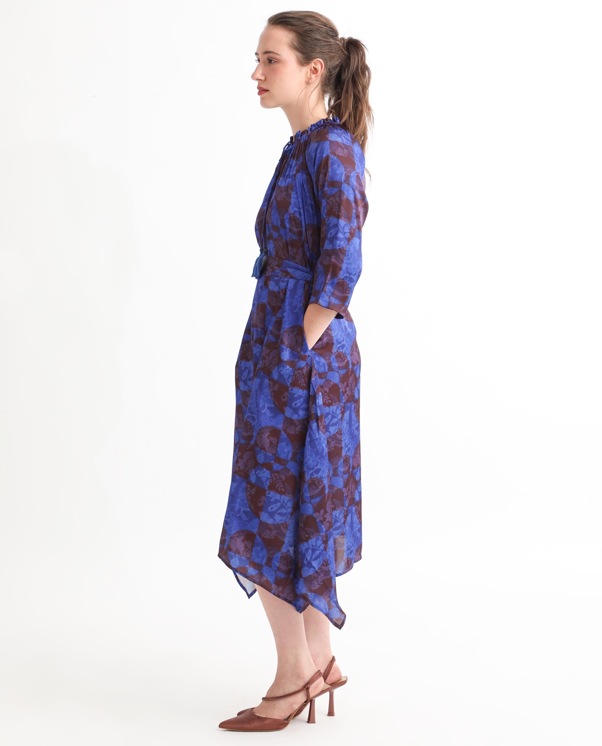Rareism Women Watson Brown Polyester Fabric 3/4Th Sleeves Drawstring Closure Tie-Up Neck Regular Fit Floral Print Knee Length Asymmetric Dress