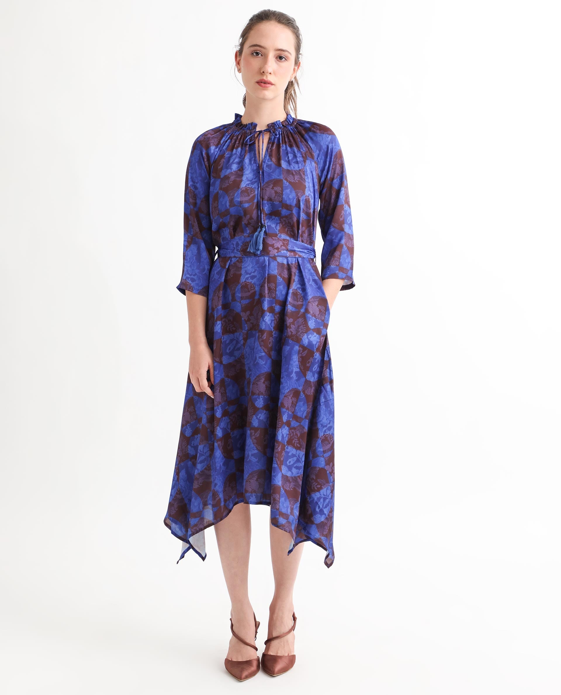 Rareism Women Watson Brown Polyester Fabric 3/4Th Sleeves Drawstring Closure Tie-Up Neck Regular Fit Floral Print Knee Length Asymmetric Dress