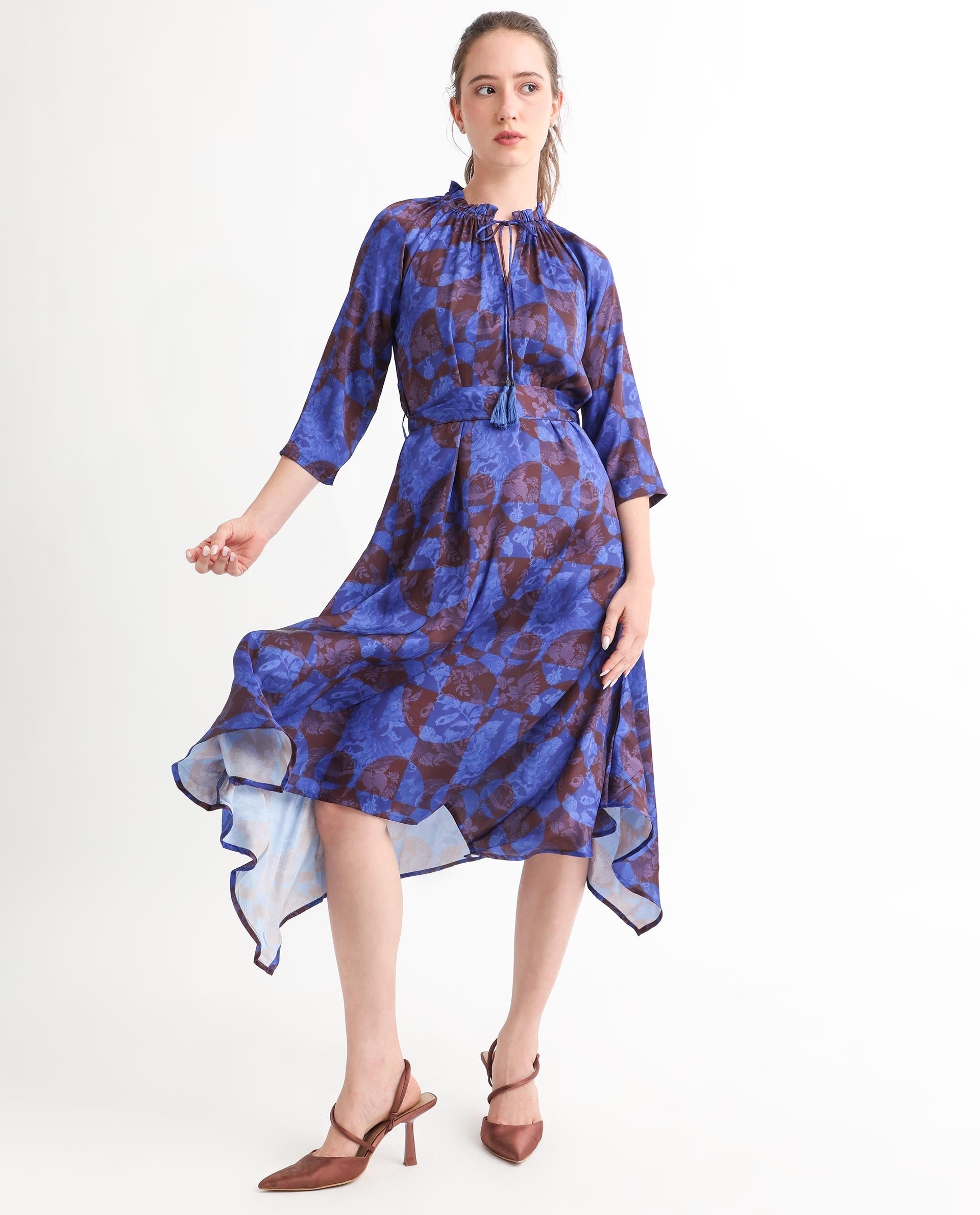Rareism Women Watson Brown Polyester Fabric 3/4Th Sleeves Drawstring Closure Tie-Up Neck Regular Fit Floral Print Knee Length Asymmetric Dress