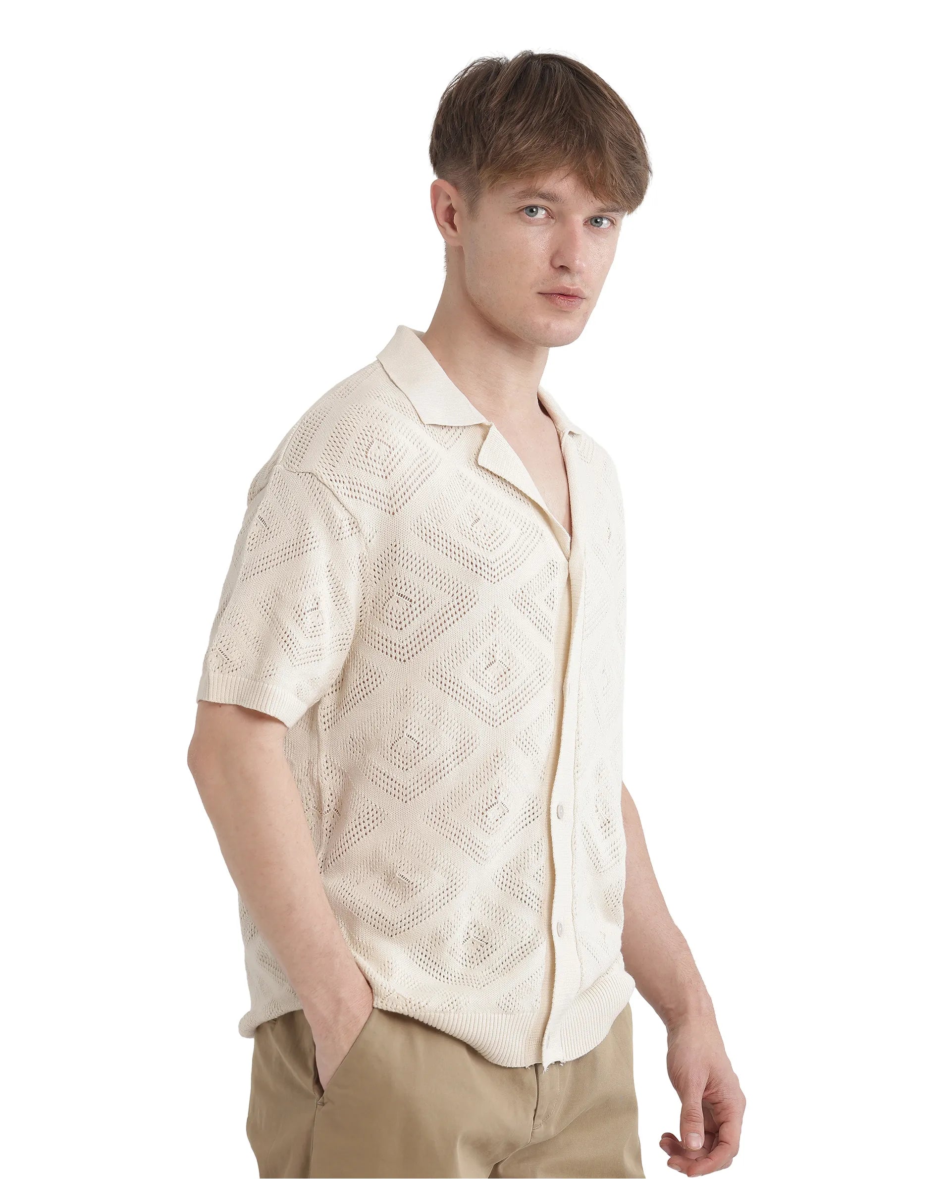 Rare Rabbit Men Wats White Cotton Fabric Short Sleeve Cuban Collared Button Closure Knitted Plain Shirt