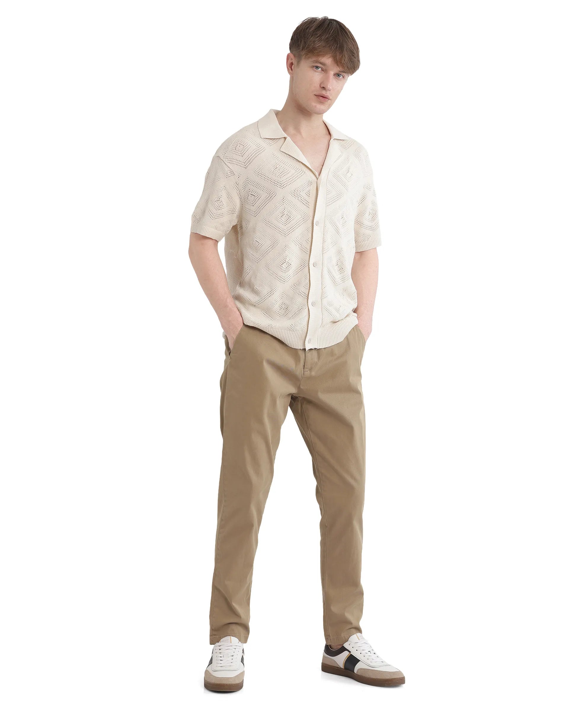 Rare Rabbit Men Wats White Cotton Fabric Short Sleeve Cuban Collared Button Closure Knitted Plain Shirt