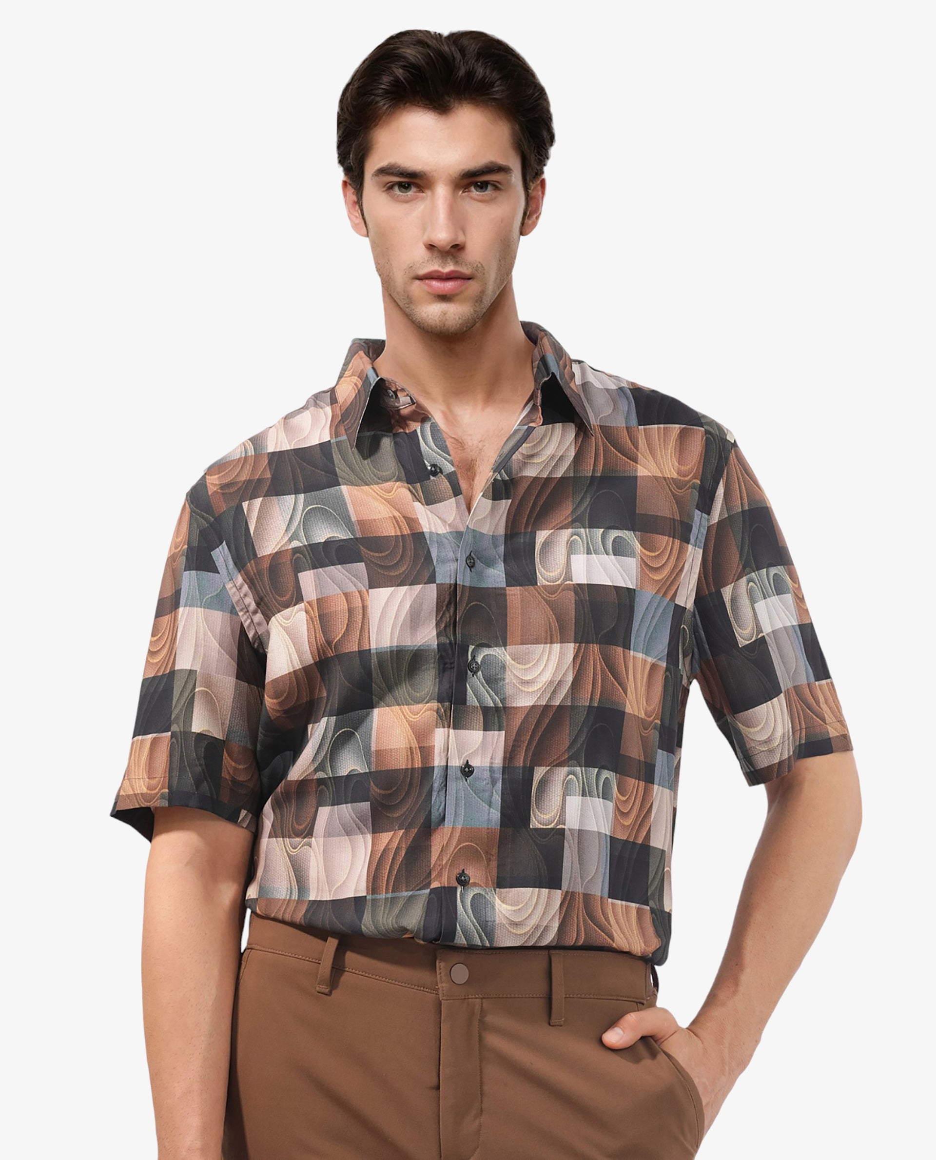 Rare Rabbit Men's Waven Brown Viscose Fabric Half Sleeves Boxy Fit Abstract Print Shirt