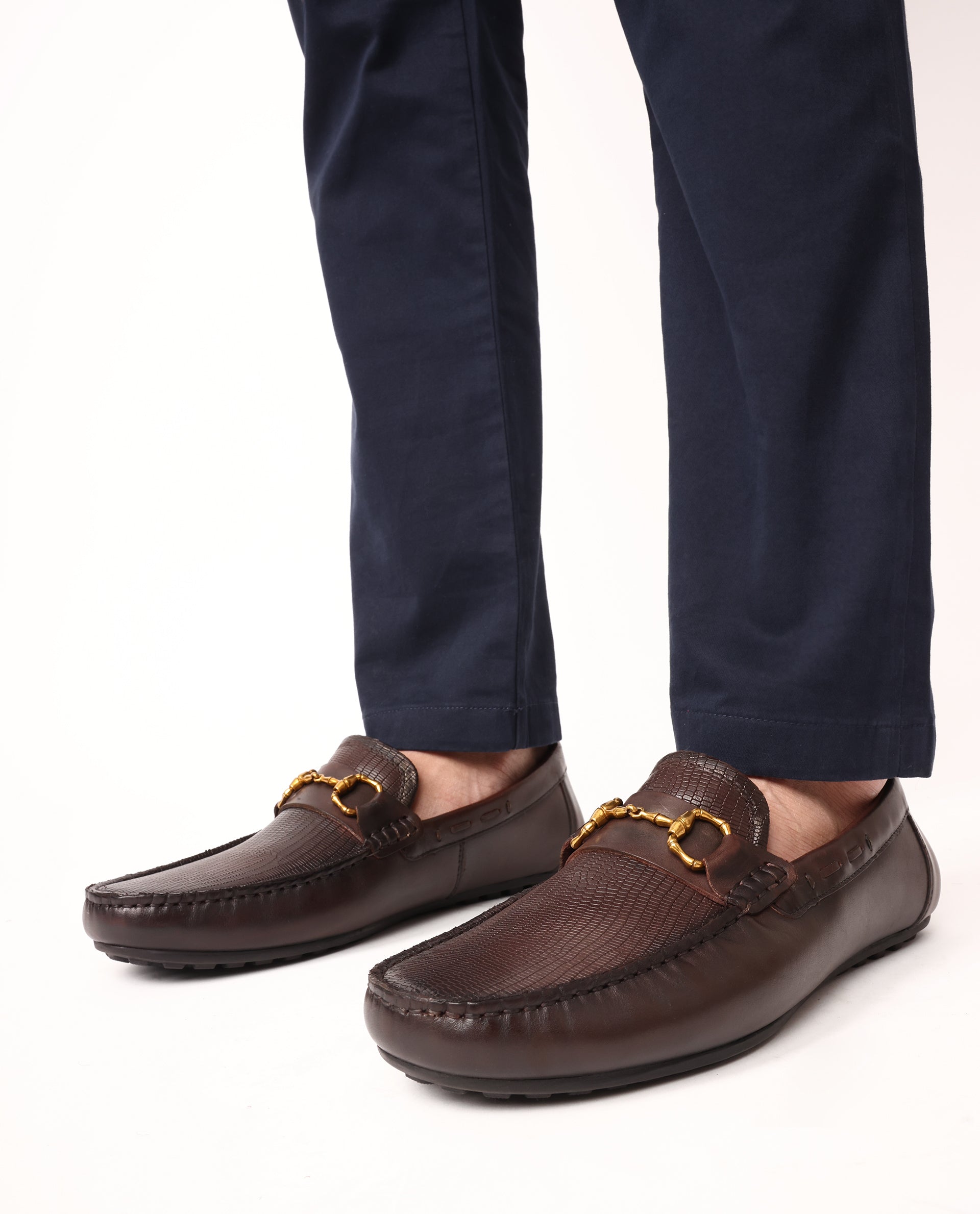 Rare Rabbit Men's Wave Pro Brown Genuine Leather Plated Slip-On Driving Moccasins