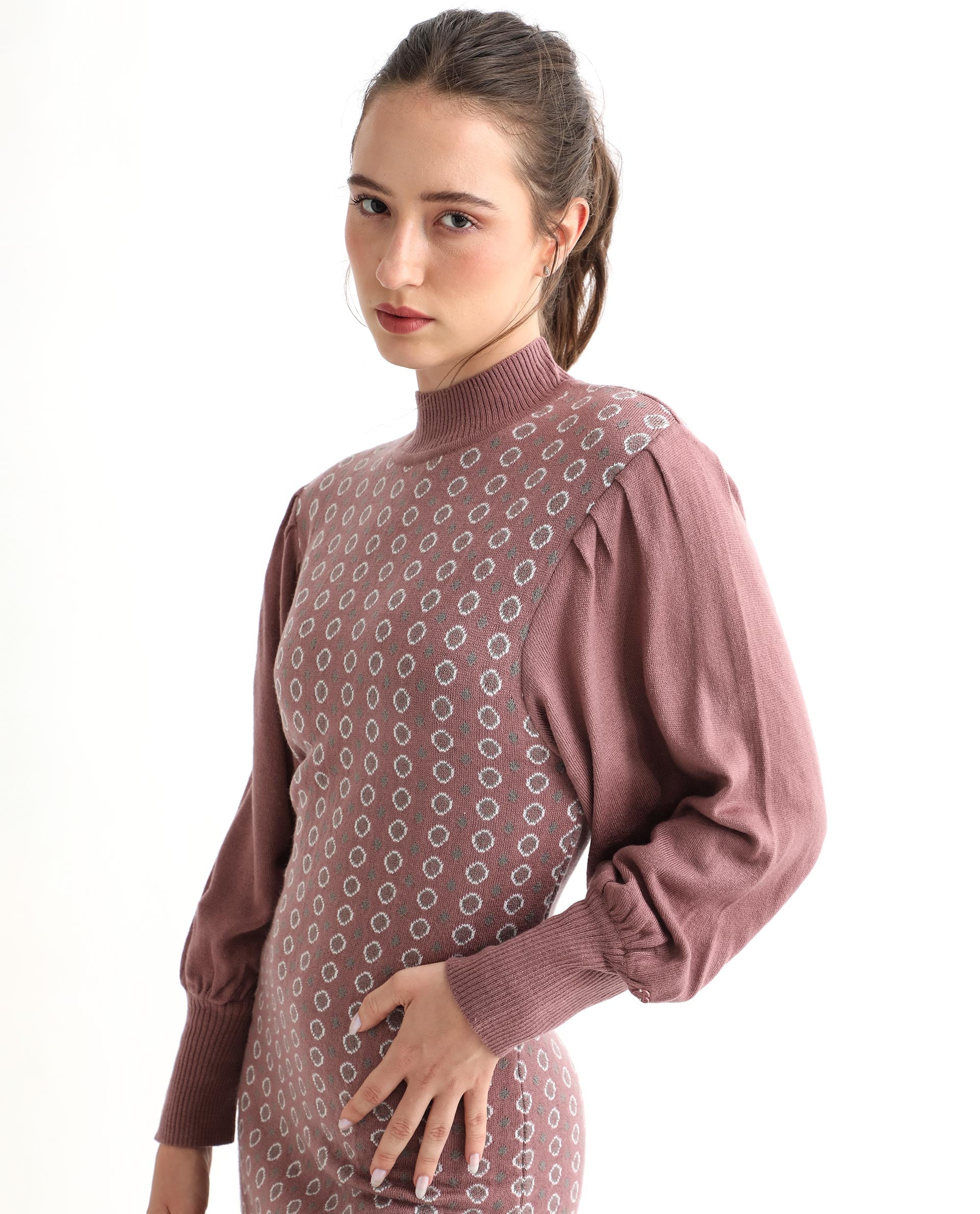 Rareism Women Web Pink Acrylic Fabric Full Sleeves Knee Length Regular Fit Geometric Print High Neck Sweater