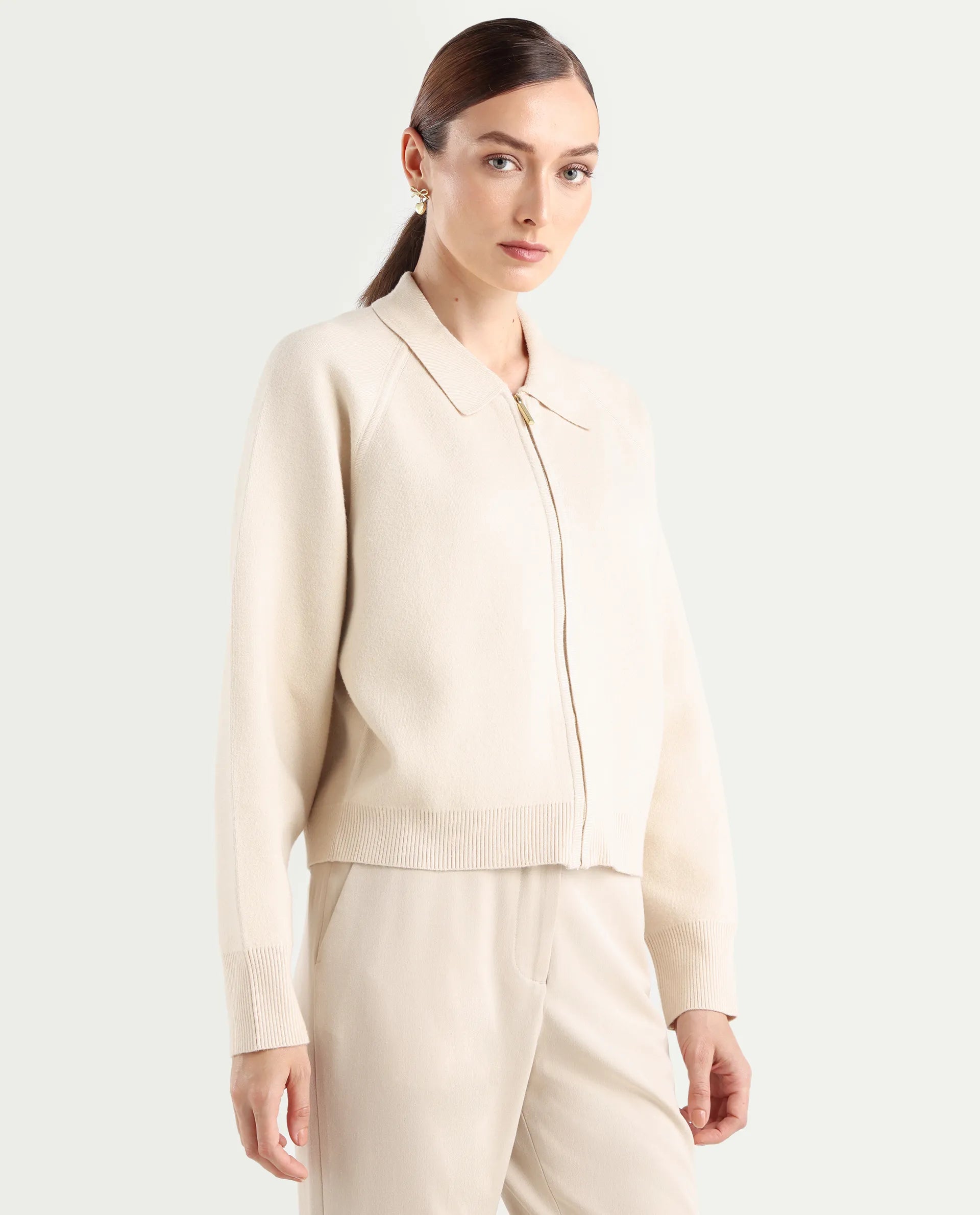 Rareism Women's Wedzo Off White Viscose Blend Spread Collar Regular Fit Plain Jacket