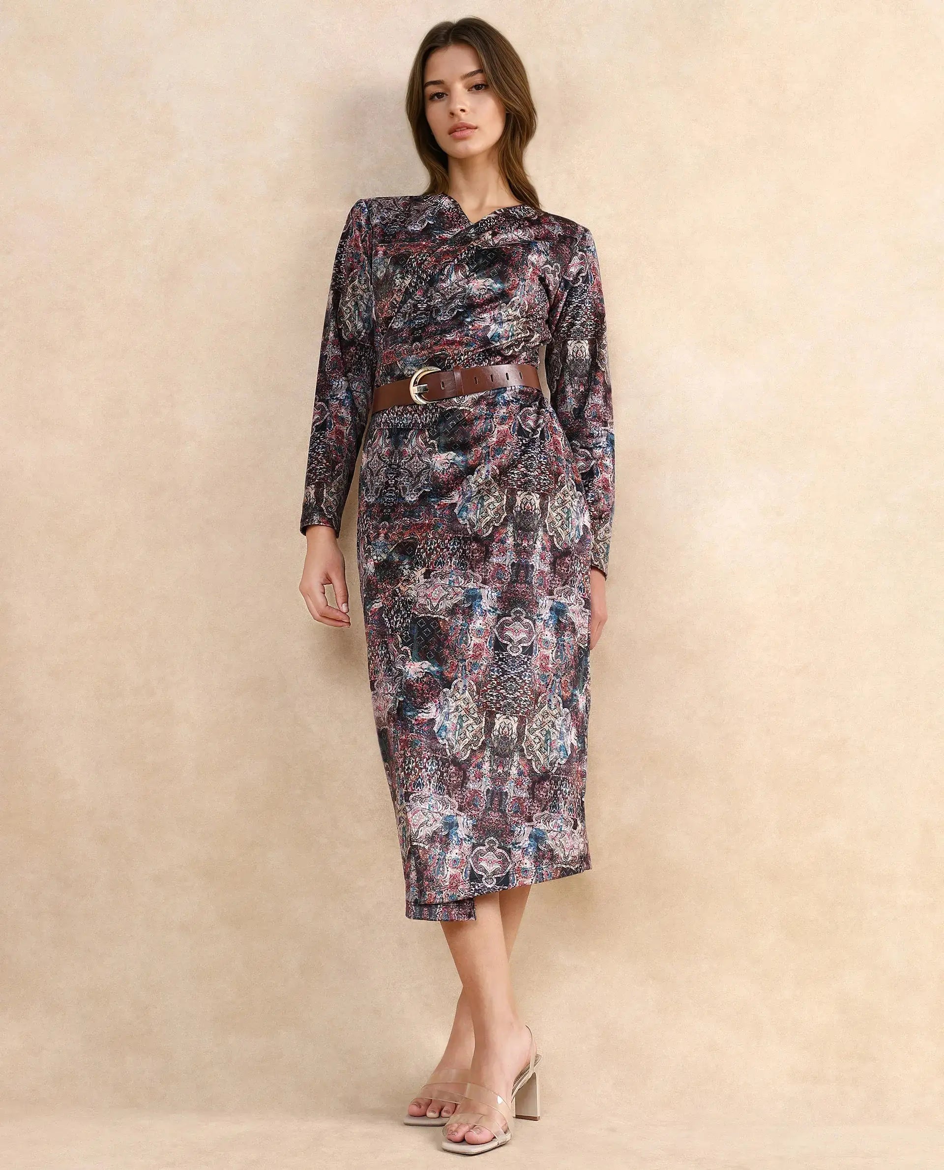 Rareism Women Wekly Dark Multi Full Sleeve V-Neck Zipper Closure Fitted Midi Abstract Print Dress