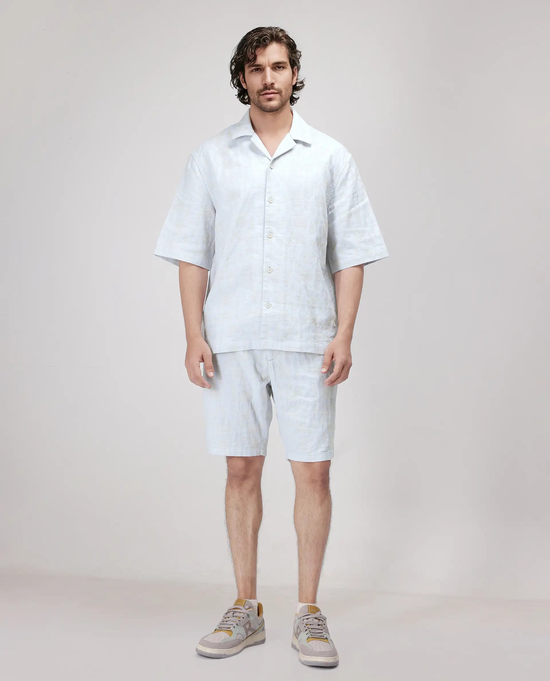 Rare Rabbit Men's Welk Pastel Blue Polyester Cotton Fabric Half Sleeve Spread Collar Button Closure Relaxed Fit Plain Shirt