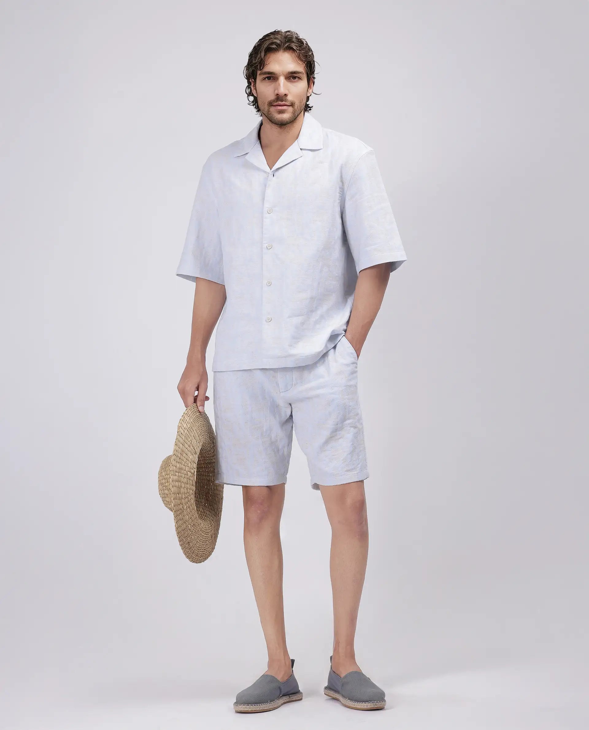 Rare Rabbit Men Welks Pastel Blue Cotton Satin Fabric Drawstring Closure Jacquard Shorts