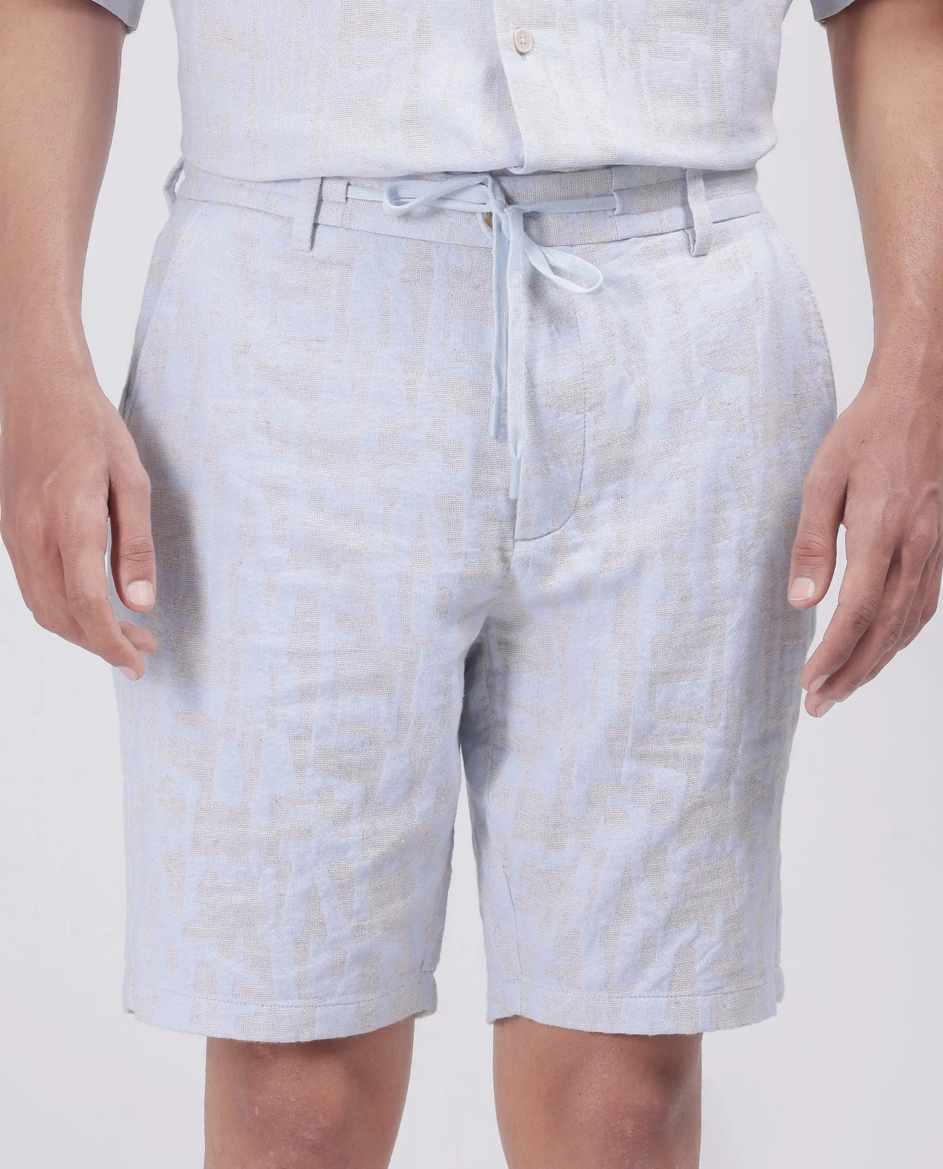 Rare Rabbit Men Welks Pastel Blue Cotton Satin Fabric Drawstring Closure Jacquard Shorts