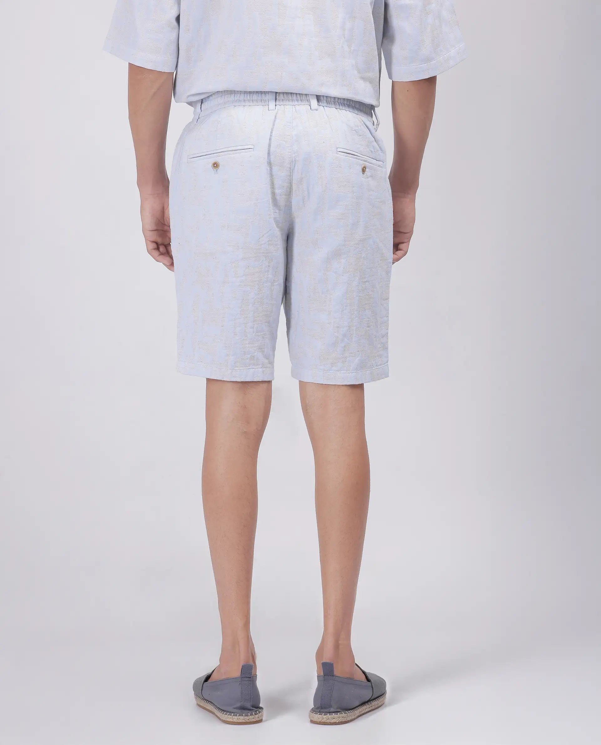 Rare Rabbit Men Welks Pastel Blue Cotton Satin Fabric Drawstring Closure Jacquard Shorts