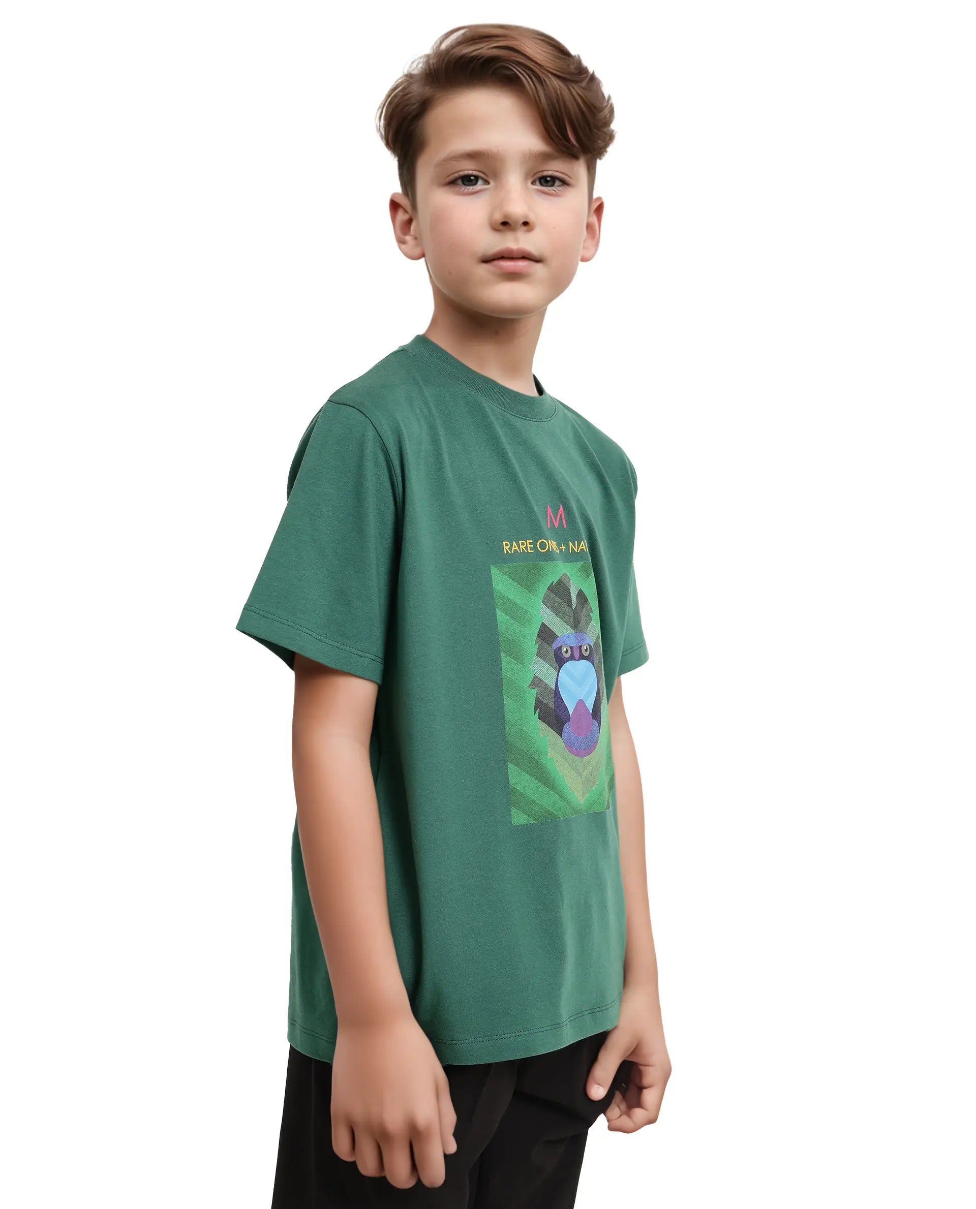 Rare Ones Kids Well Green Cotton Half Sleeves Regular Crew Neck Graphic Print T-Shirt
