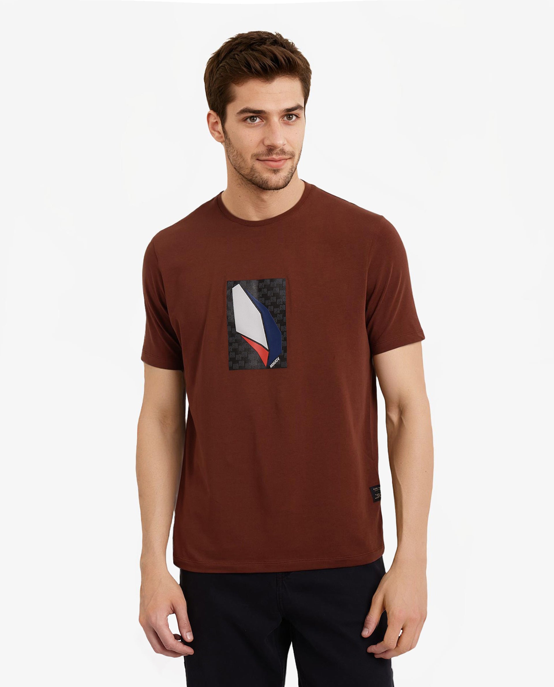 Rare Rabbit Men Well Rust Cotton Lycra Fabric Short Sleeve Crew Neck Regular Fit Graphic Chest Print T-Shirt