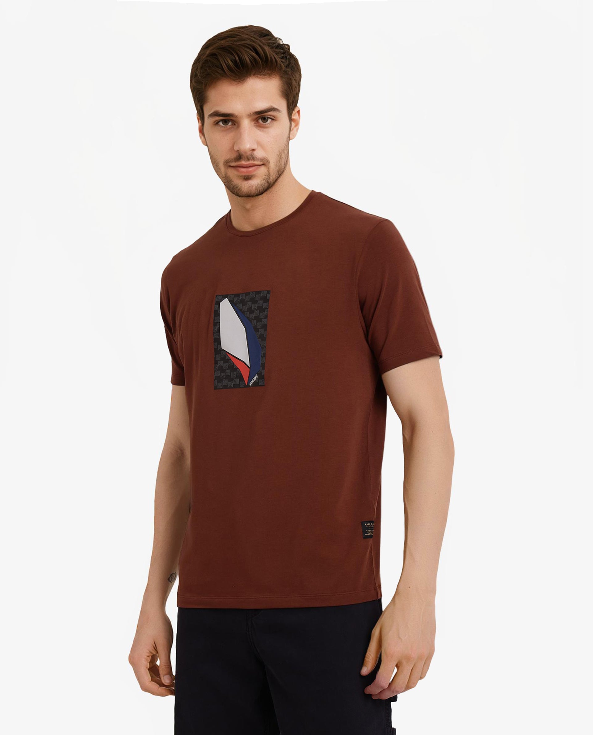 Rare Rabbit Men Well Rust Cotton Lycra Fabric Short Sleeve Crew Neck Regular Fit Graphic Chest Print T-Shirt