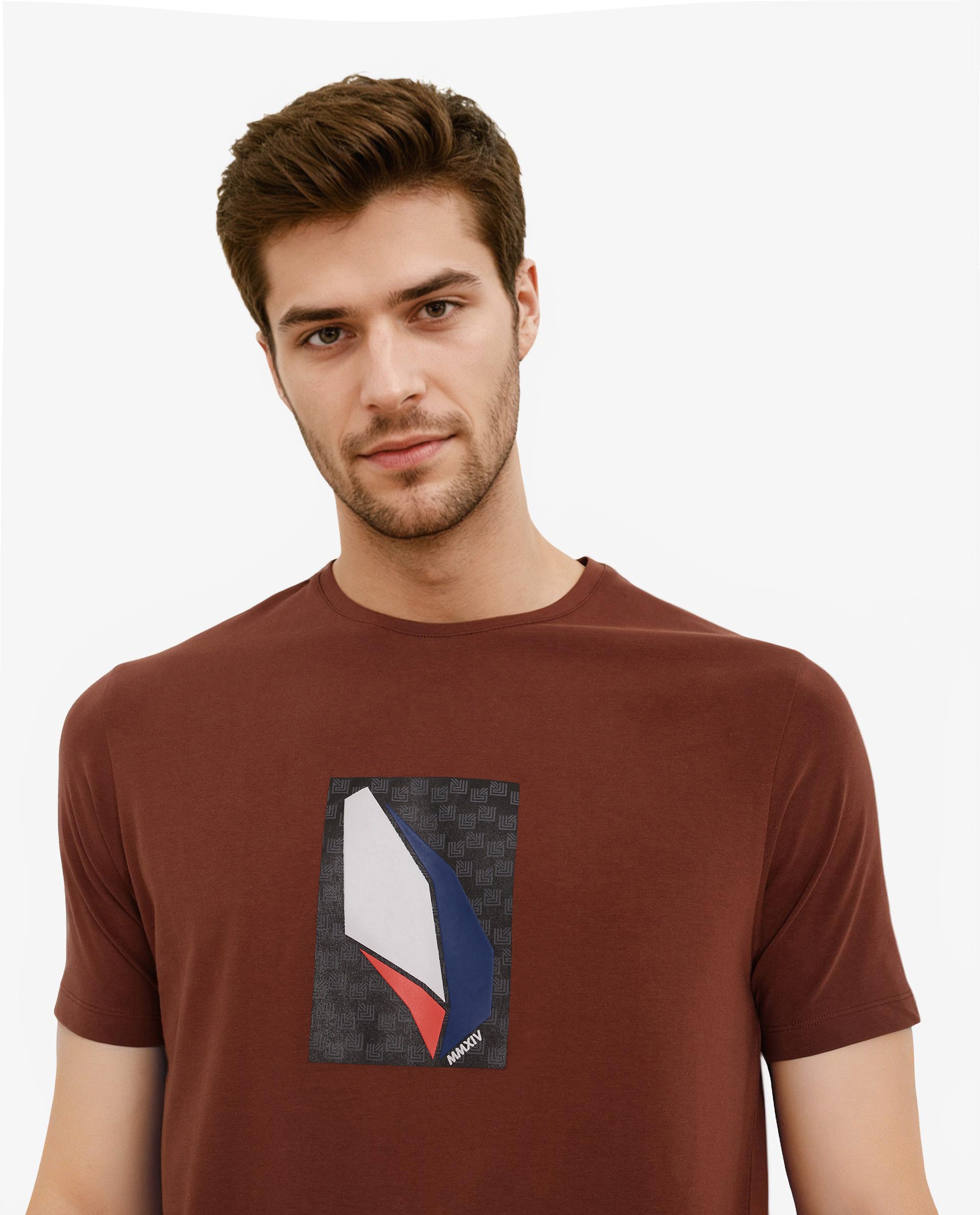 Rare Rabbit Men Well Rust Cotton Lycra Fabric Short Sleeve Crew Neck Regular Fit Graphic Chest Print T-Shirt