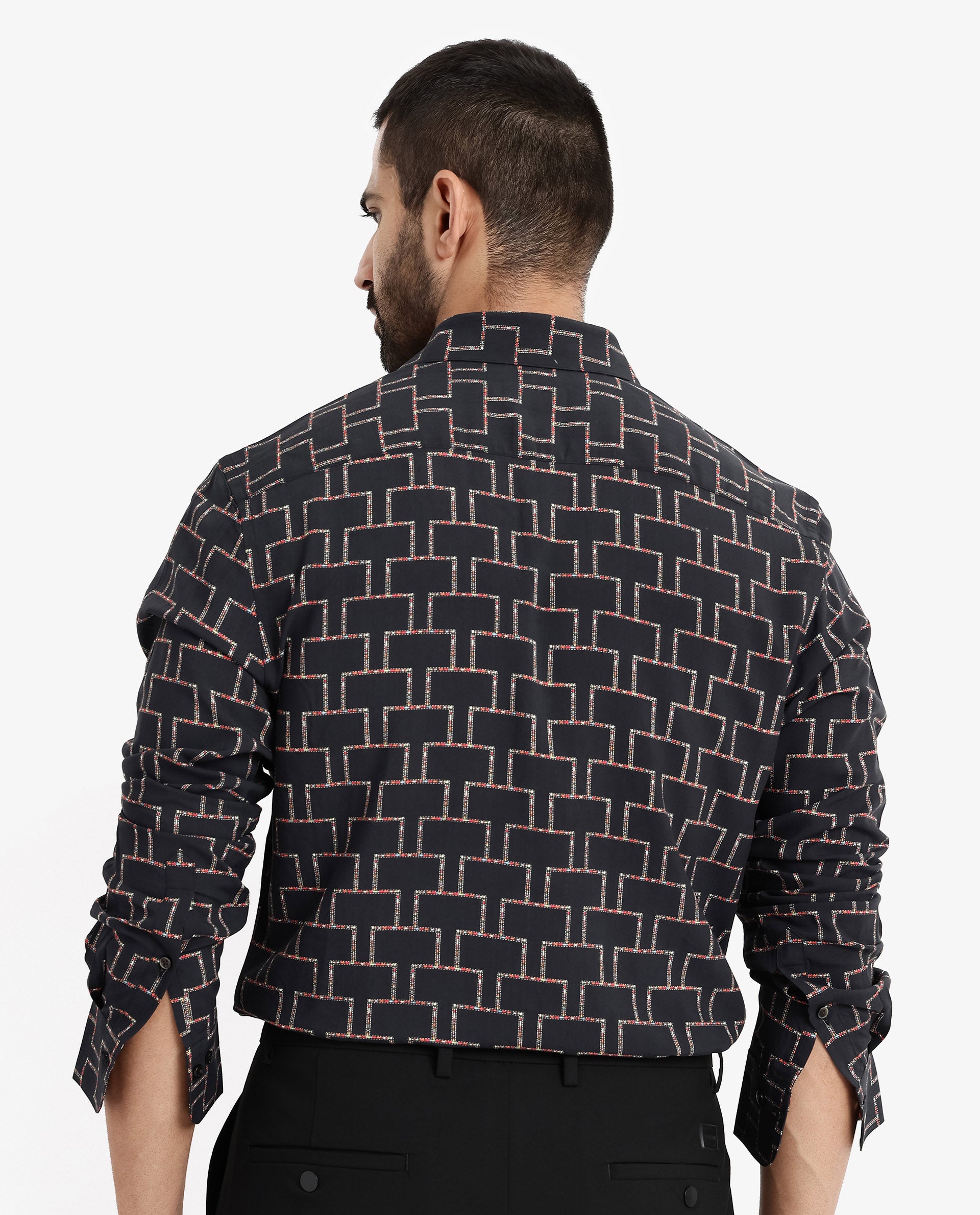 Rare Rabbit Men Wels Black Viscose Fabric Full Sleeve Regular Fit Geometric Print Shirt