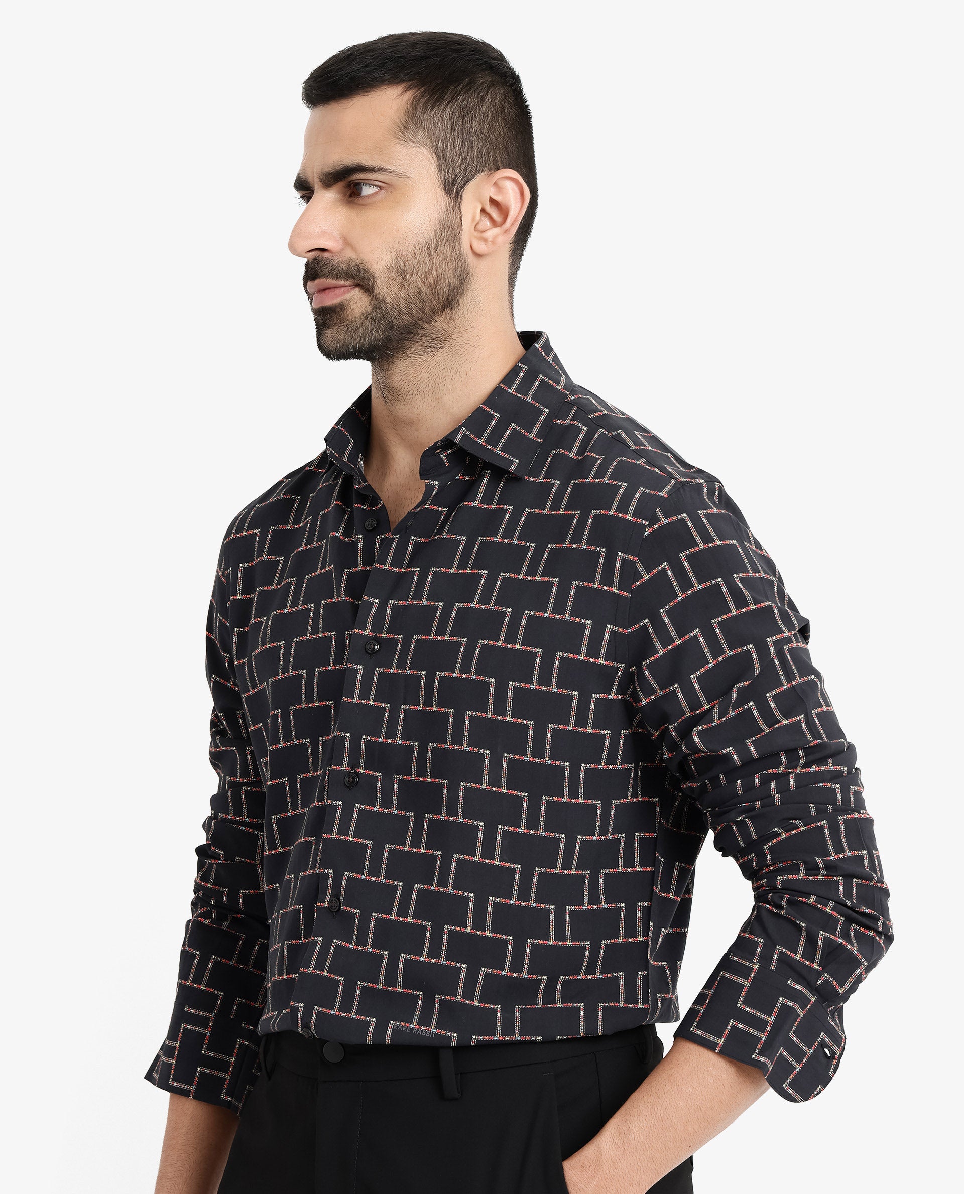 Rare Rabbit Men Wels Black Viscose Fabric Full Sleeve Regular Fit Geometric Print Shirt