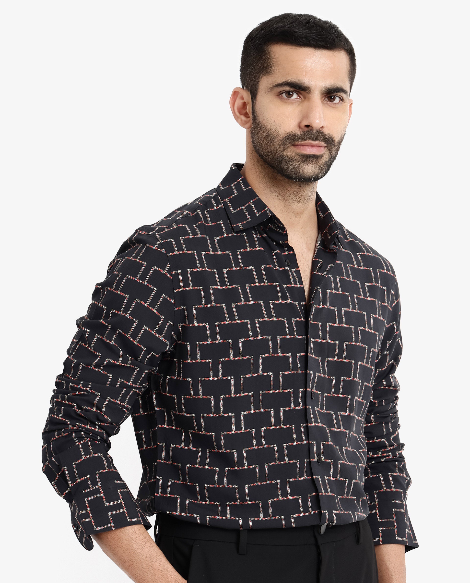 Rare Rabbit Men Wels Black Viscose Fabric Full Sleeve Regular Fit Geometric Print Shirt