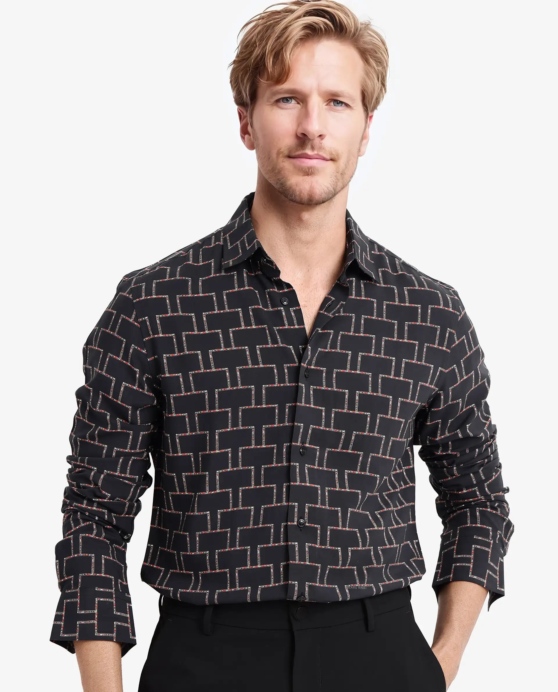 Rare Rabbit Men Wels Black Viscose Fabric Full Sleeve Regular Fit Geometric Print Shirt