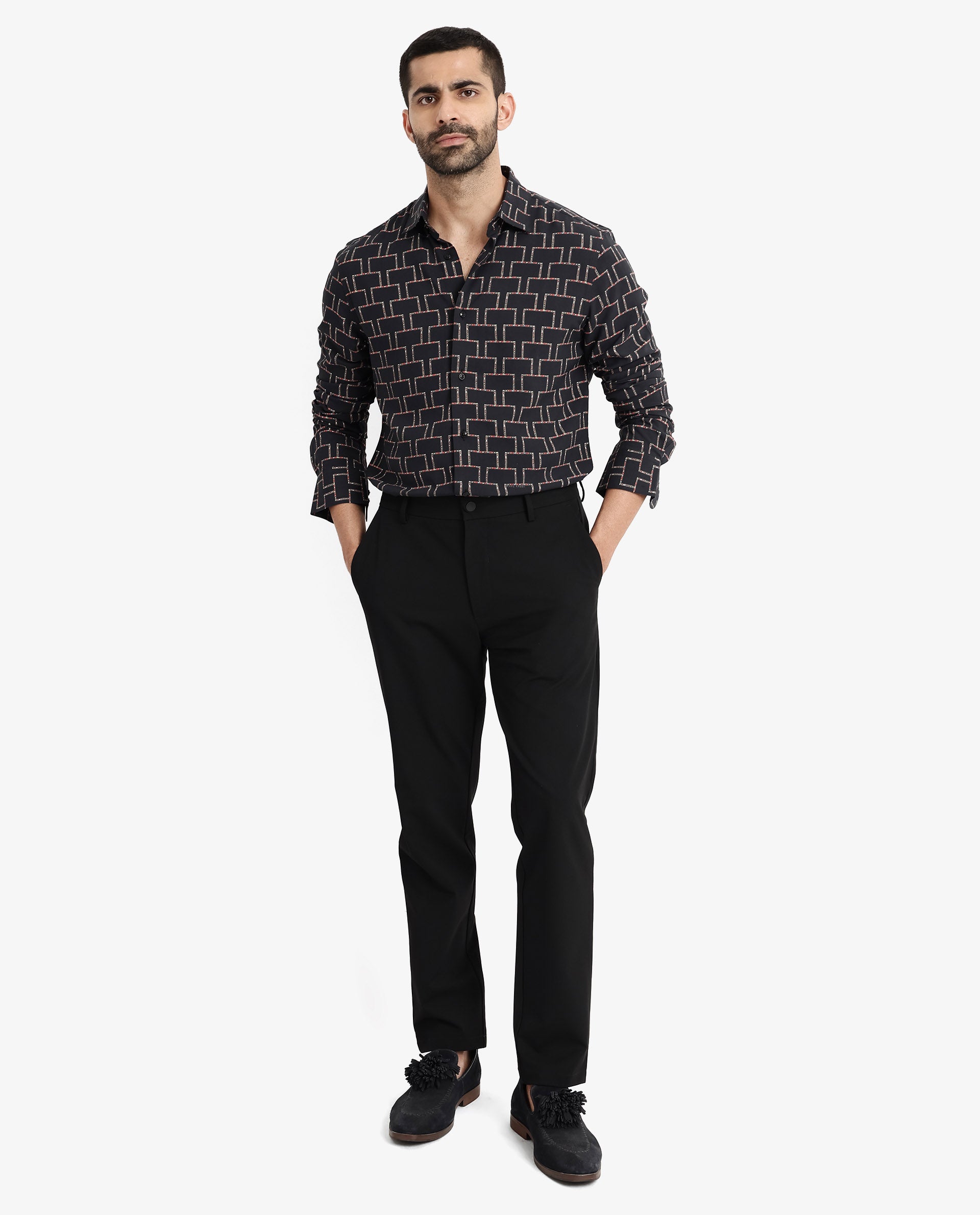 Rare Rabbit Men Wels Black Viscose Fabric Full Sleeve Regular Fit Geometric Print Shirt